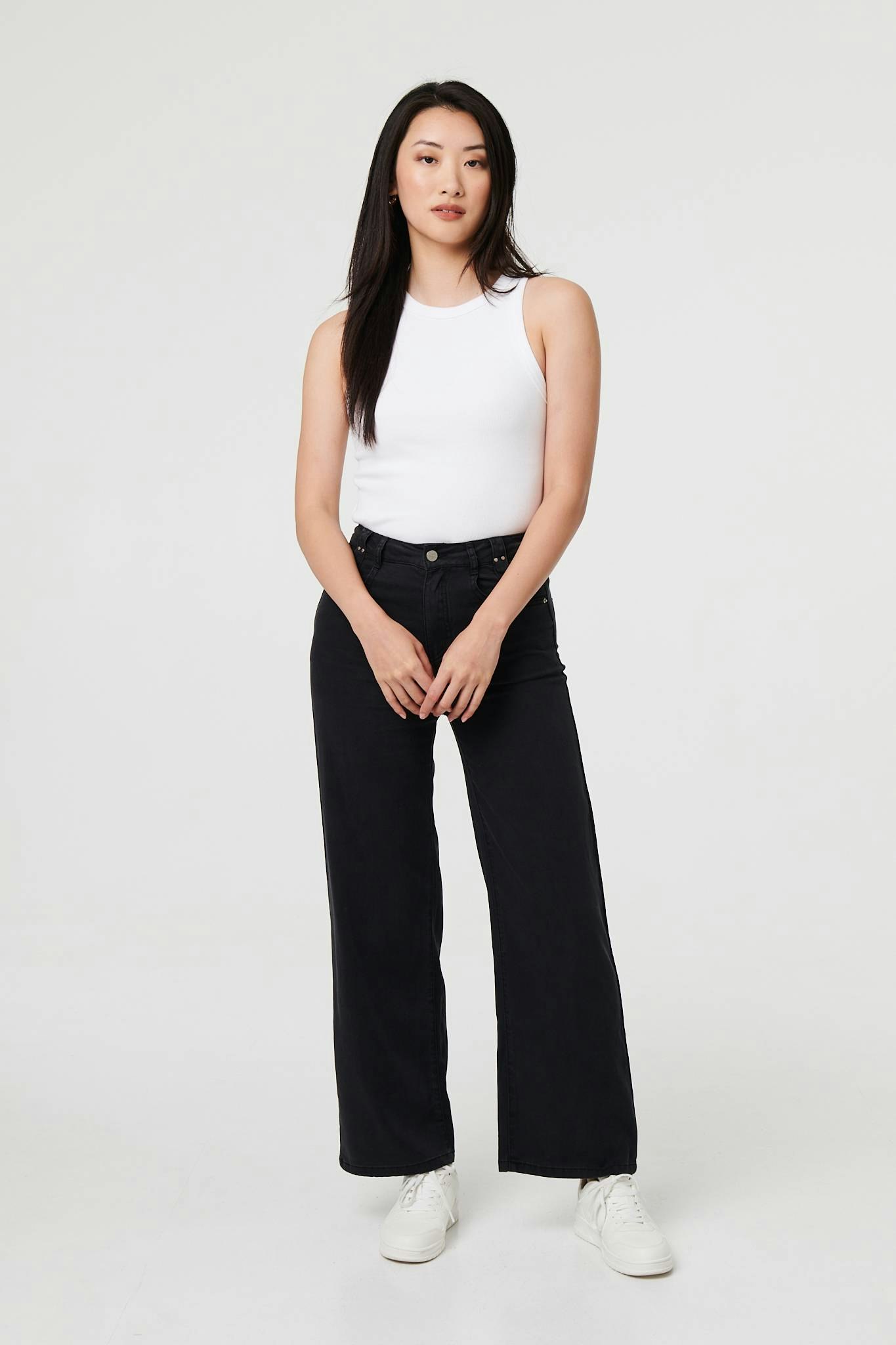 Izabel London Women's Black High Waist Relaxed Wide Leg Jeans - 14