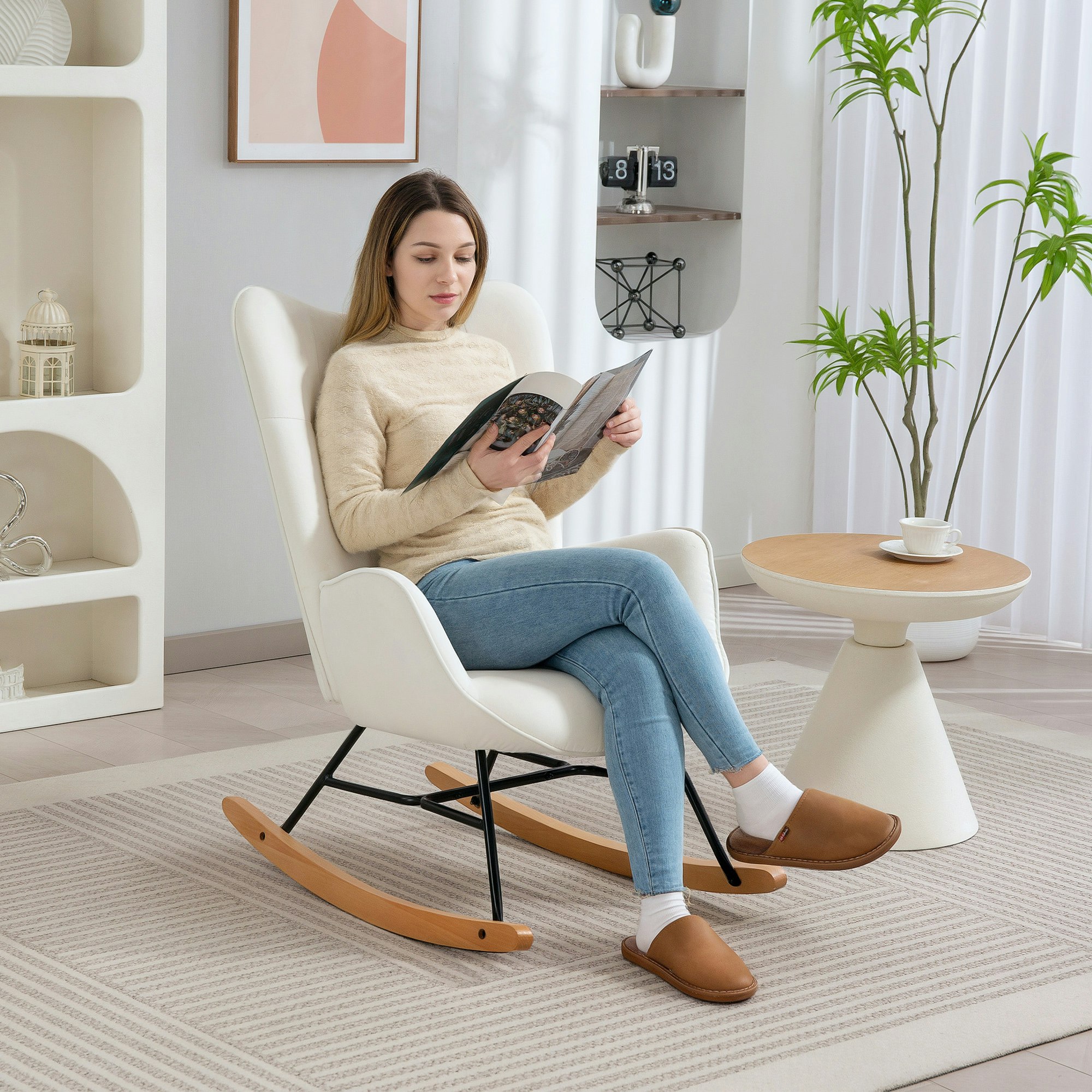 Homcom Cream Upholstered Velvet Rocking Chair With Solid Wood Legs, - Rocking Chair - 65W X 70D X 96H Cm