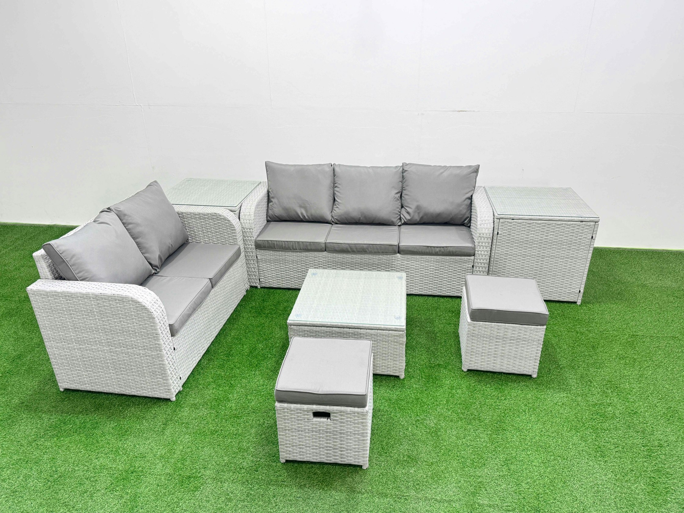 Fimous Light/Grey/Dark 7 Seater Pe Rattan Wicker Garden Furniture Patio Conservatory Sofa Set With Square Coffee Table 3 Seater Sofa Love Sofa 2 Stools 2 Side Table