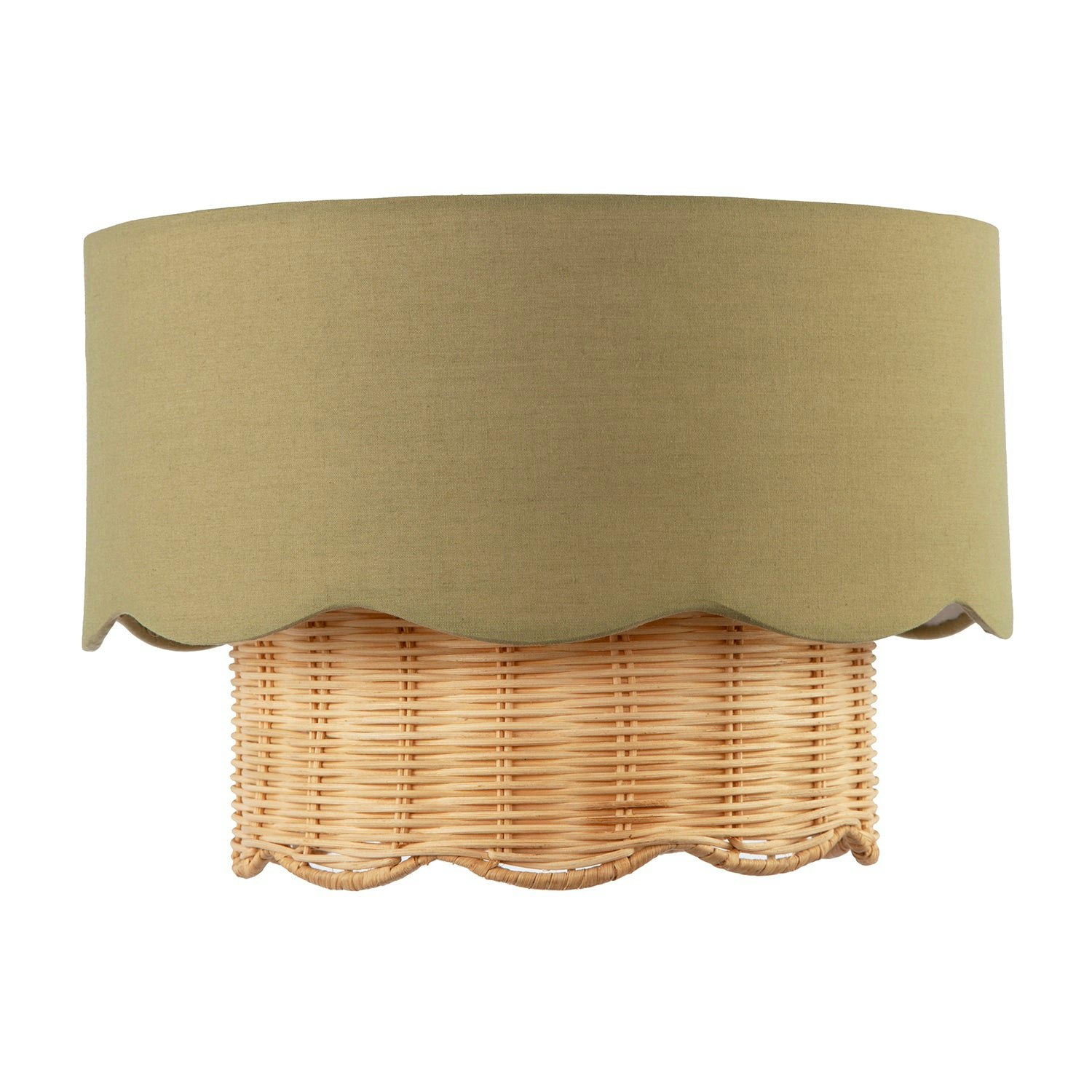 Happy Homewares Dark Olive Linen Fabric And Natural Rattan Scallop Pendant Lamp Shade