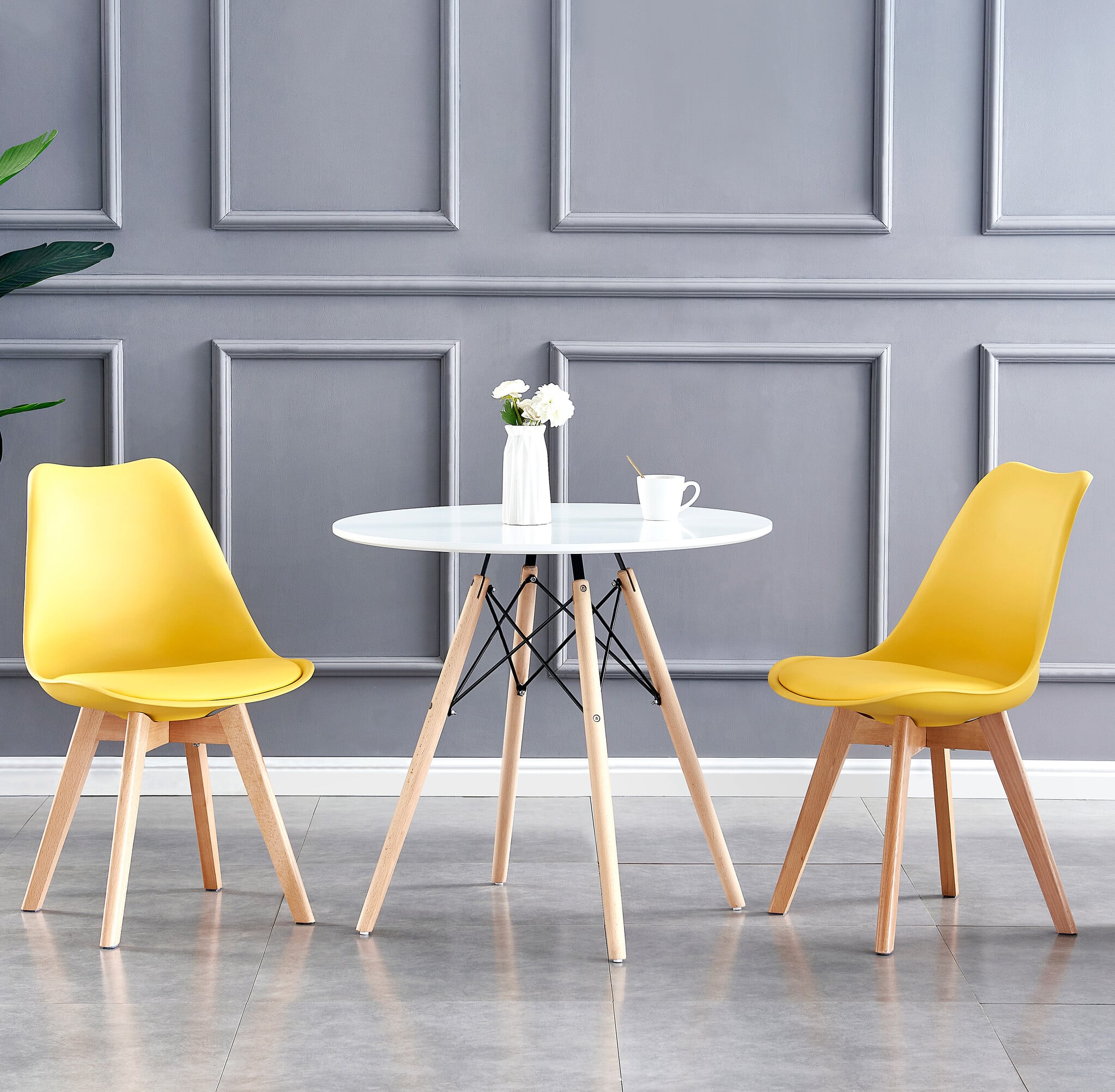 Rackhams Yellow Set Of 2 Dining Chairs With Solid Wooden Legs And Seat Cushion Pad Eva
