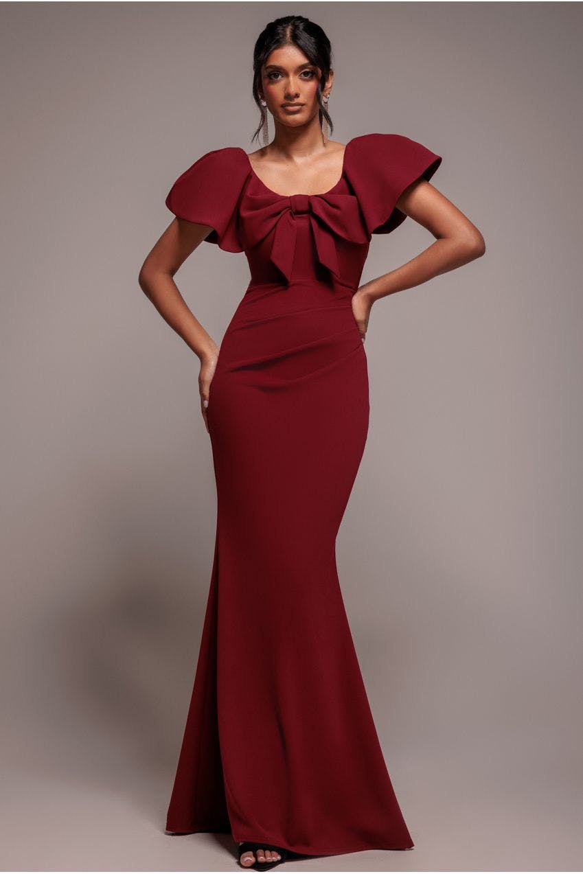 Goddiva Light Cape Sleeve Detail Front Tie Maxi Dress - Wine By - Wine - 10