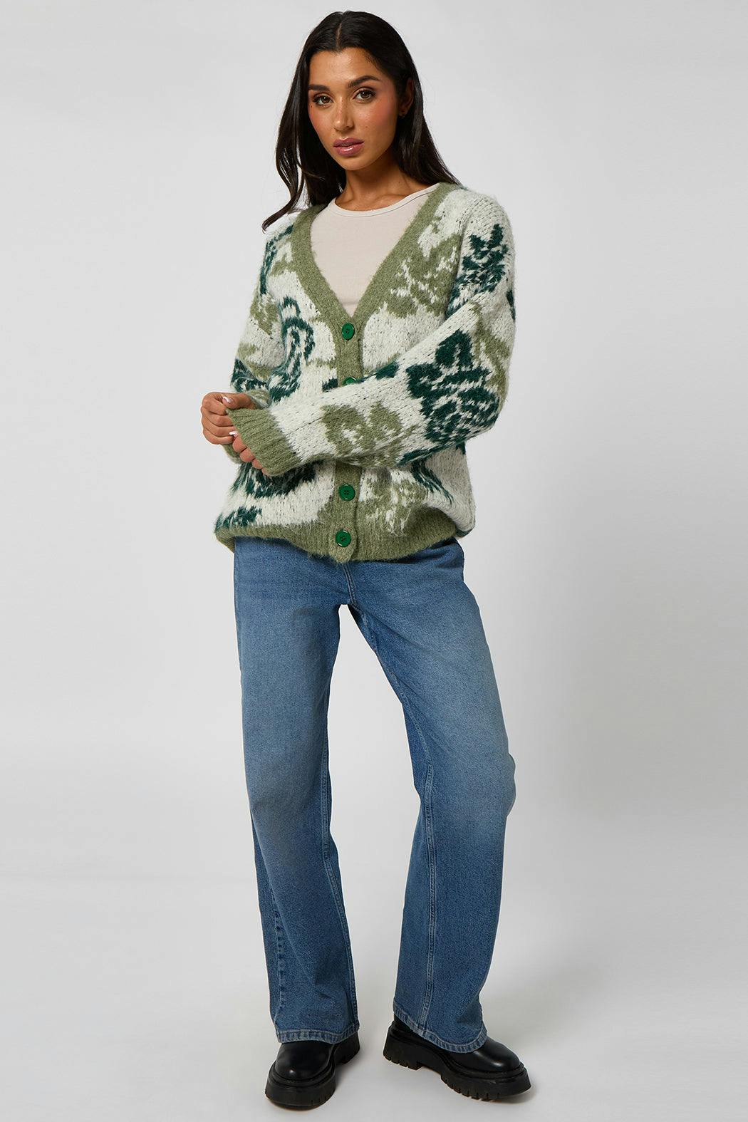 Urban Bliss Green Floral Chunky Cardigan - S
