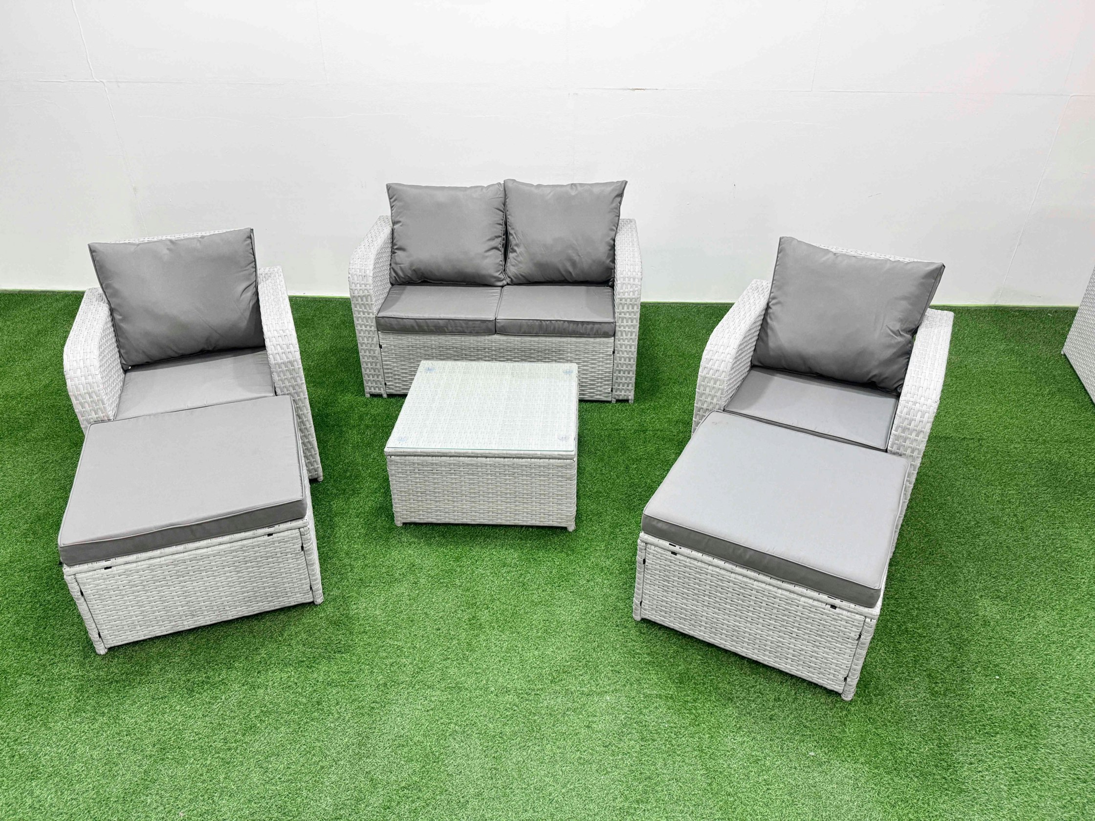 Rackhams Light/Grey Pe Wicker Rattan Garden Furniture Set Sofa Set Reclining Adjustable Chair Square Coffee Table 6 Seater 2 Big Stools
