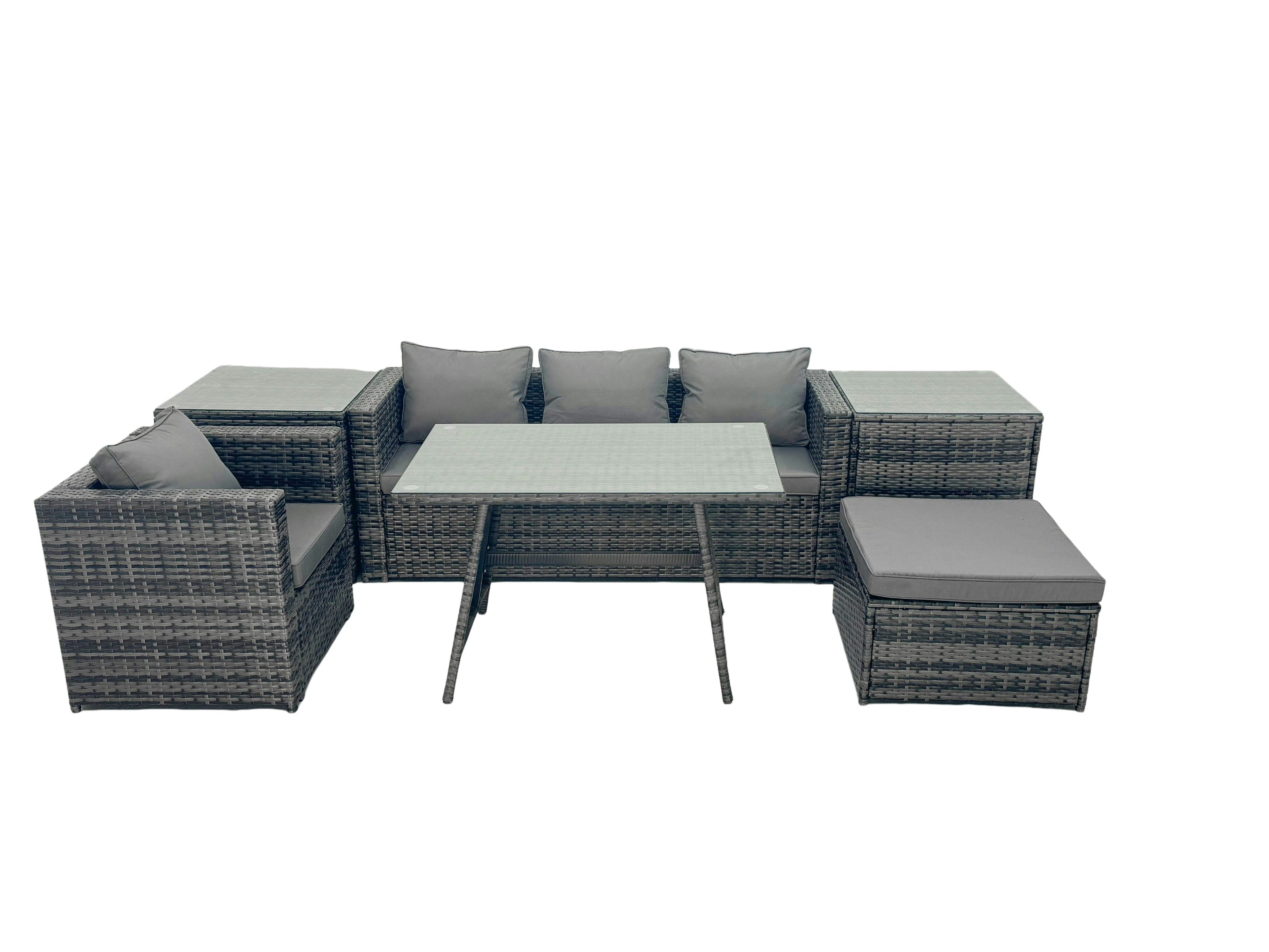 Fimous Dark/Grey Outdoor Dining Table Sofa Armchair Set With 2 Side Tables Big Footstool Garden Furniture Set Mixed