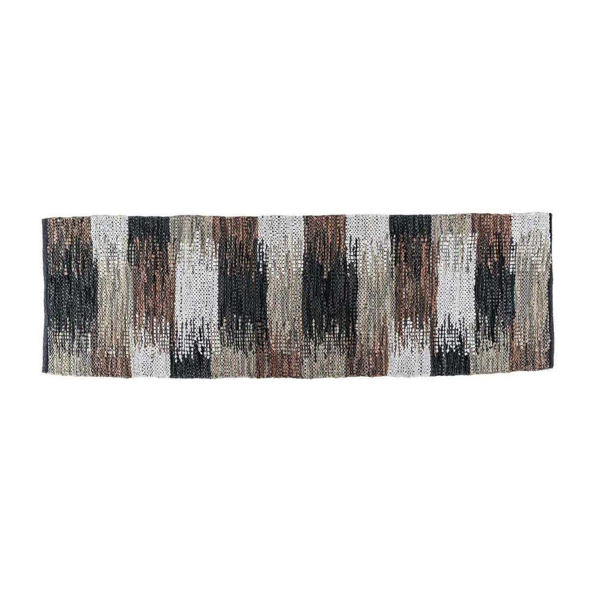 Homescapes Black/Grey/Brown & Real Leather Handwoven Cutshuttle Rug - 66 X 200 Cm