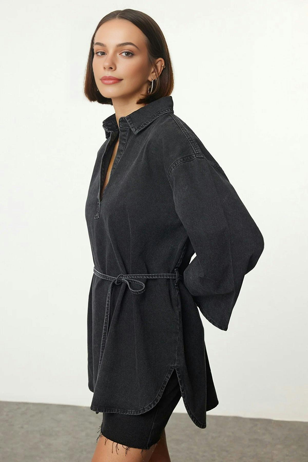Wovcor Dark/Grey Denim Shirt With Tie Detail - L
