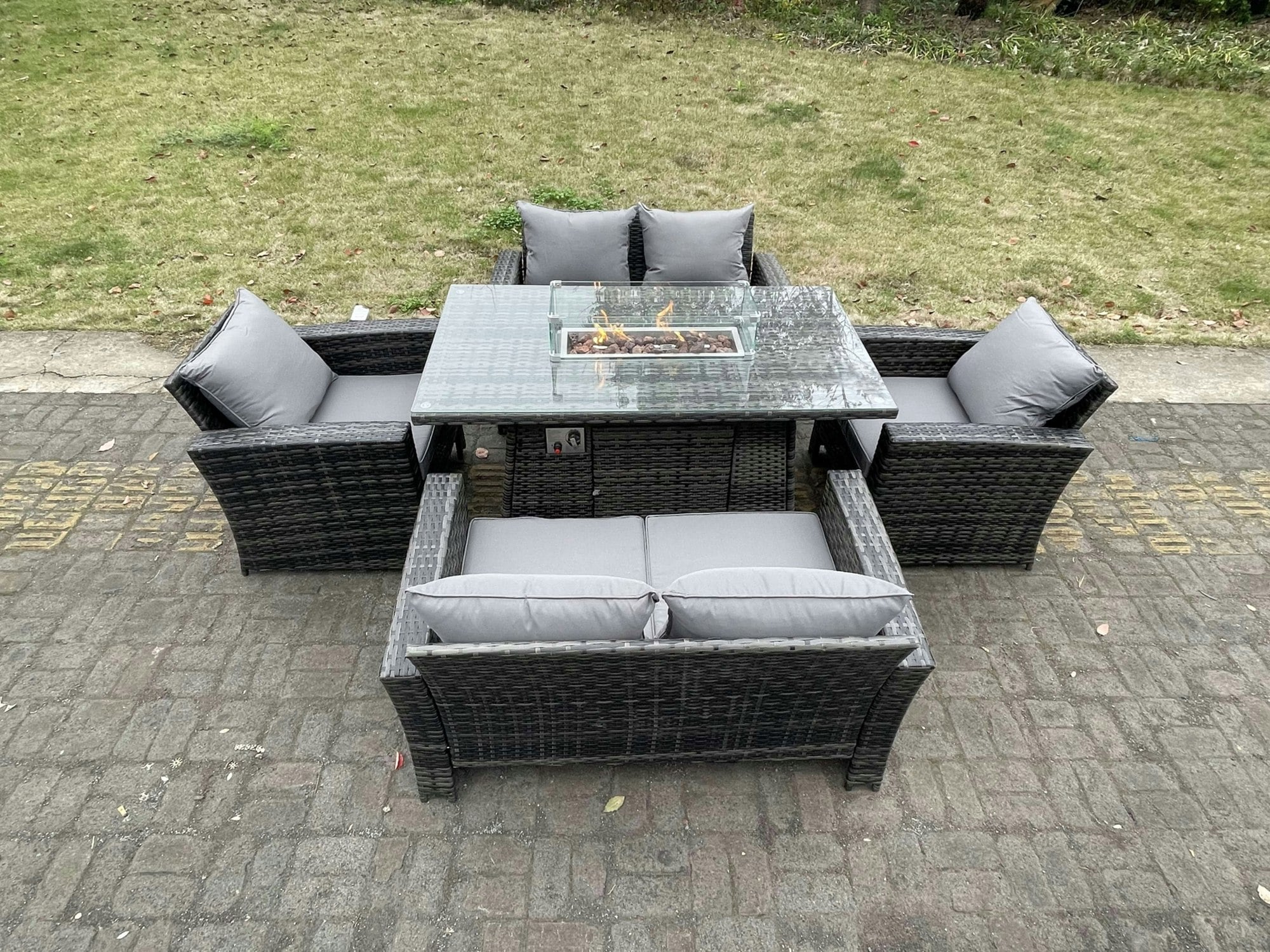 Rackhams Dark/Grey Rattan Outdoor Furniture Gas Fire Pit Rectangle Dining Table Gas Heater Chairs Two Seater Love Sofa Sets 6 Seater