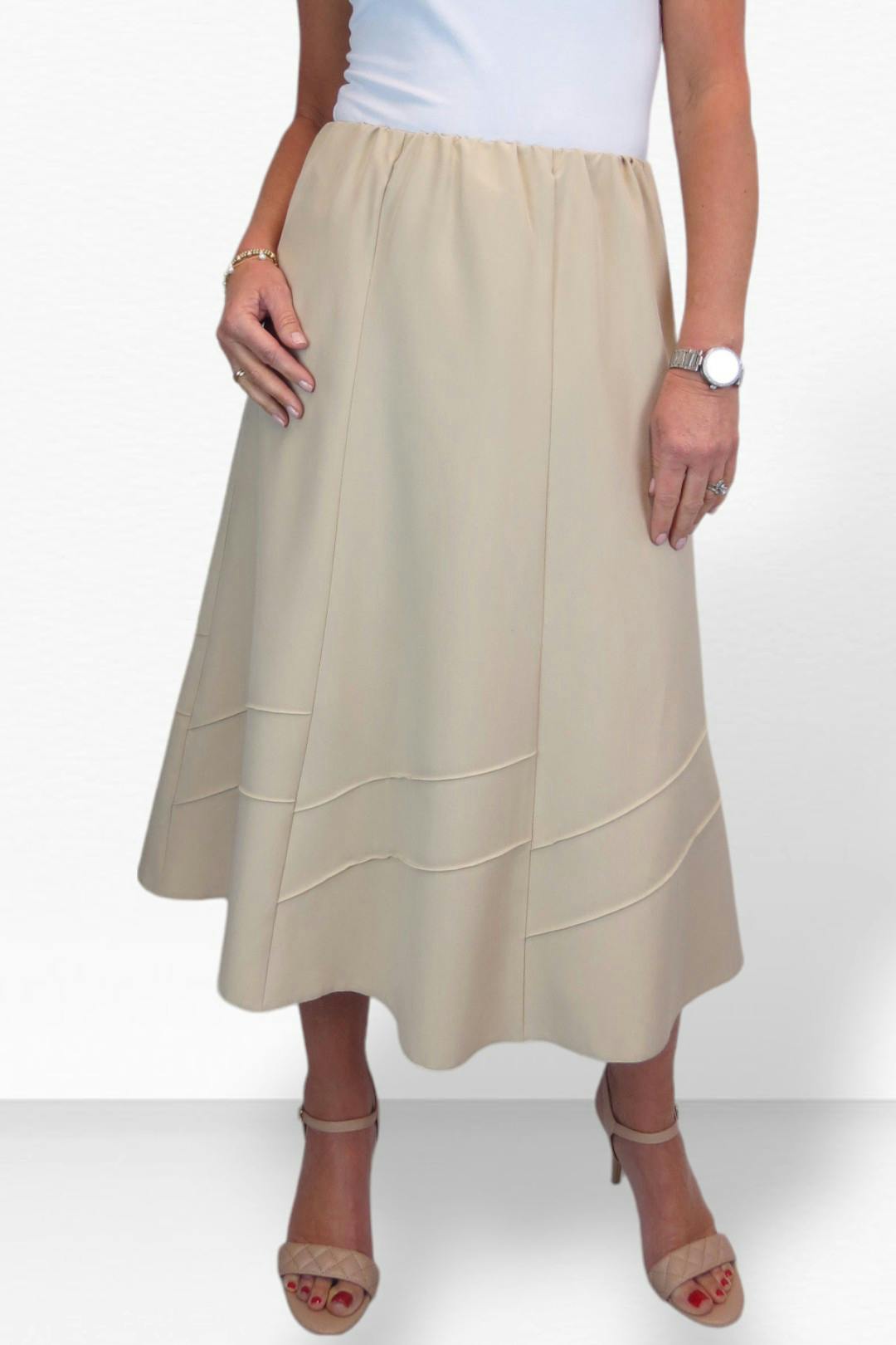 Paulo Due Women's Beige Smart Elasticated Waist Flared Swing Skirt - 16