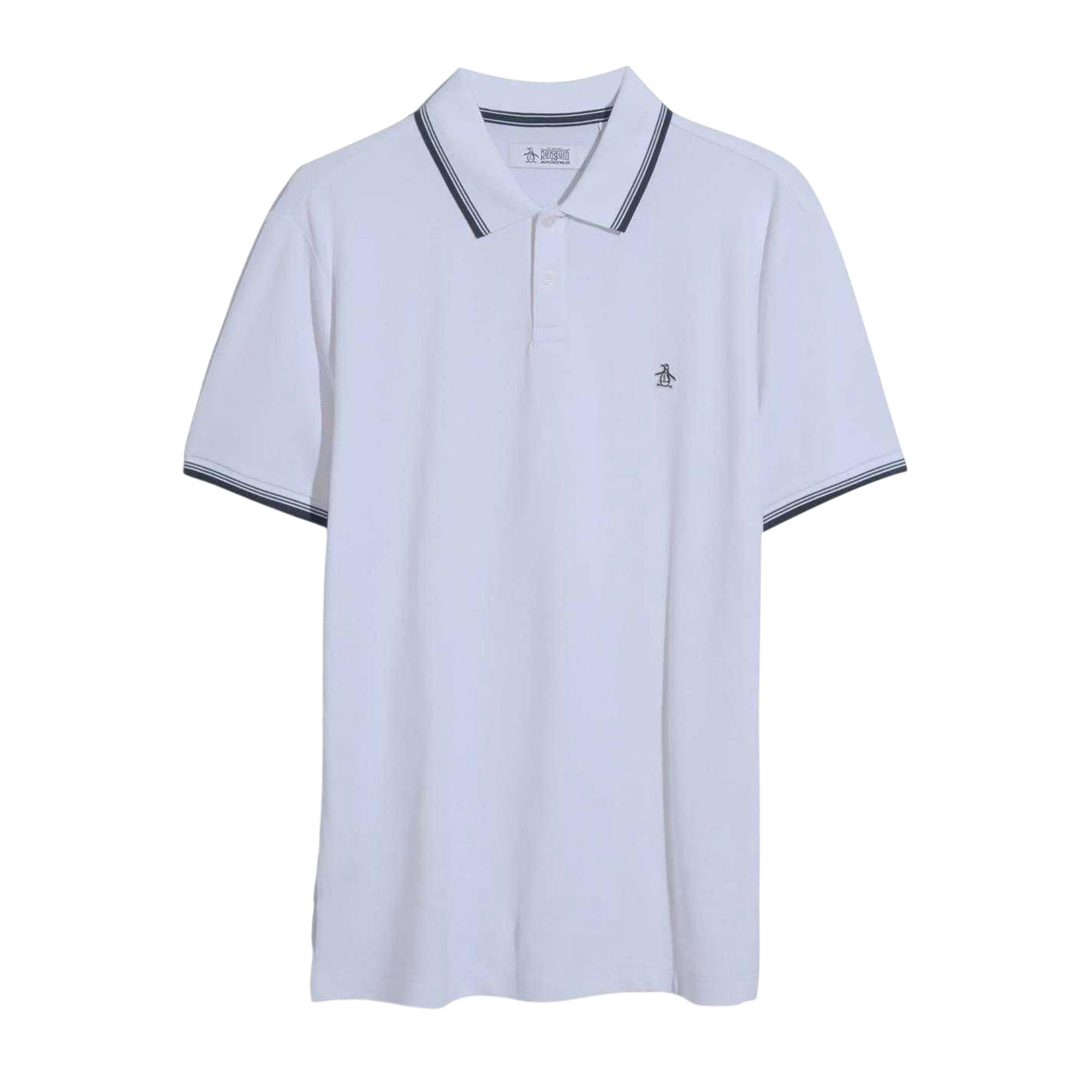 Original Penguin Men's White Striped Regular Short-Sleeved Polo Shirt - Bright - S - Bright - 62% Cotton/34% Lyocell/4% Elastane