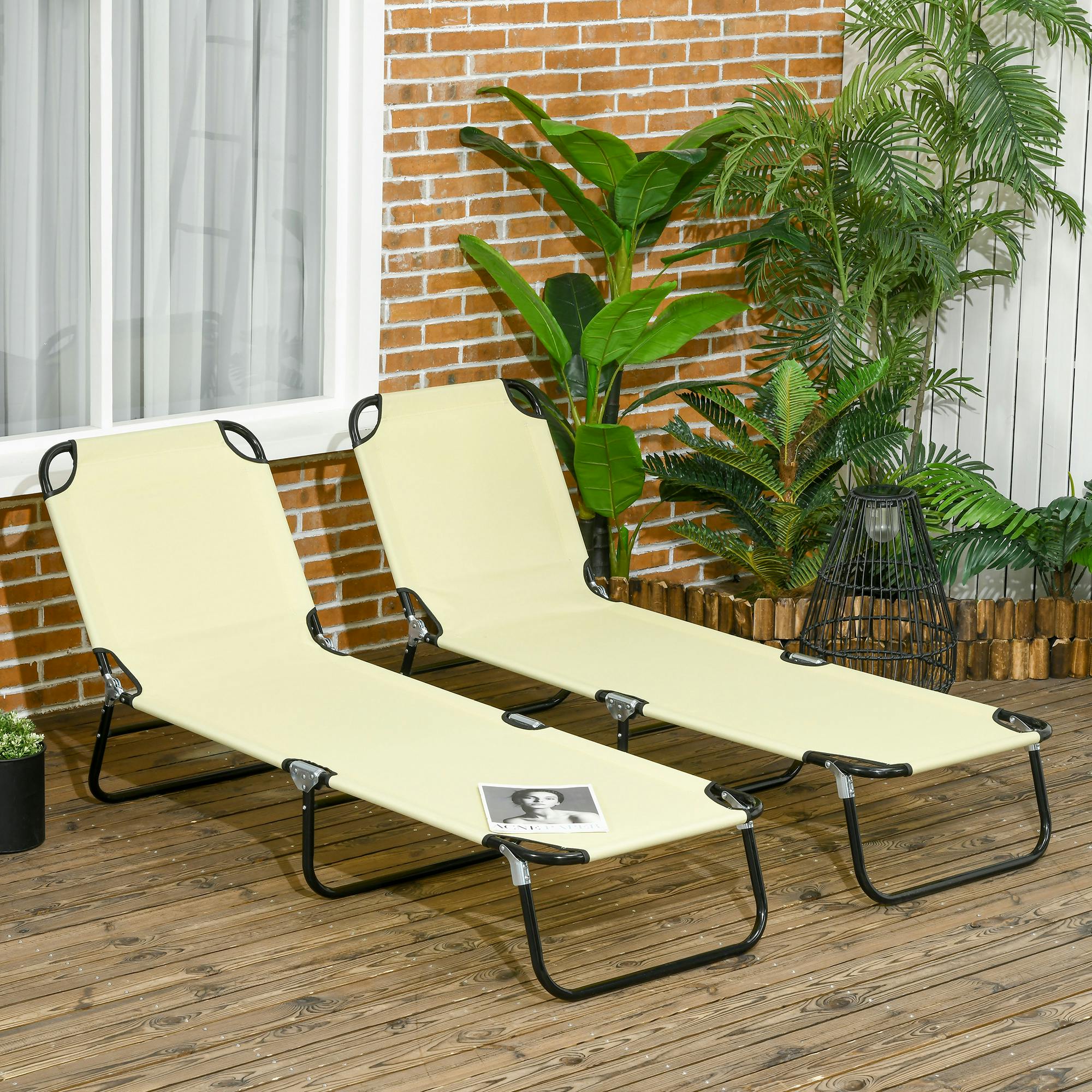 Outsunny Folding Sun Loungers Set Of 2 With Adjustable Backrest, Beige - Image 3