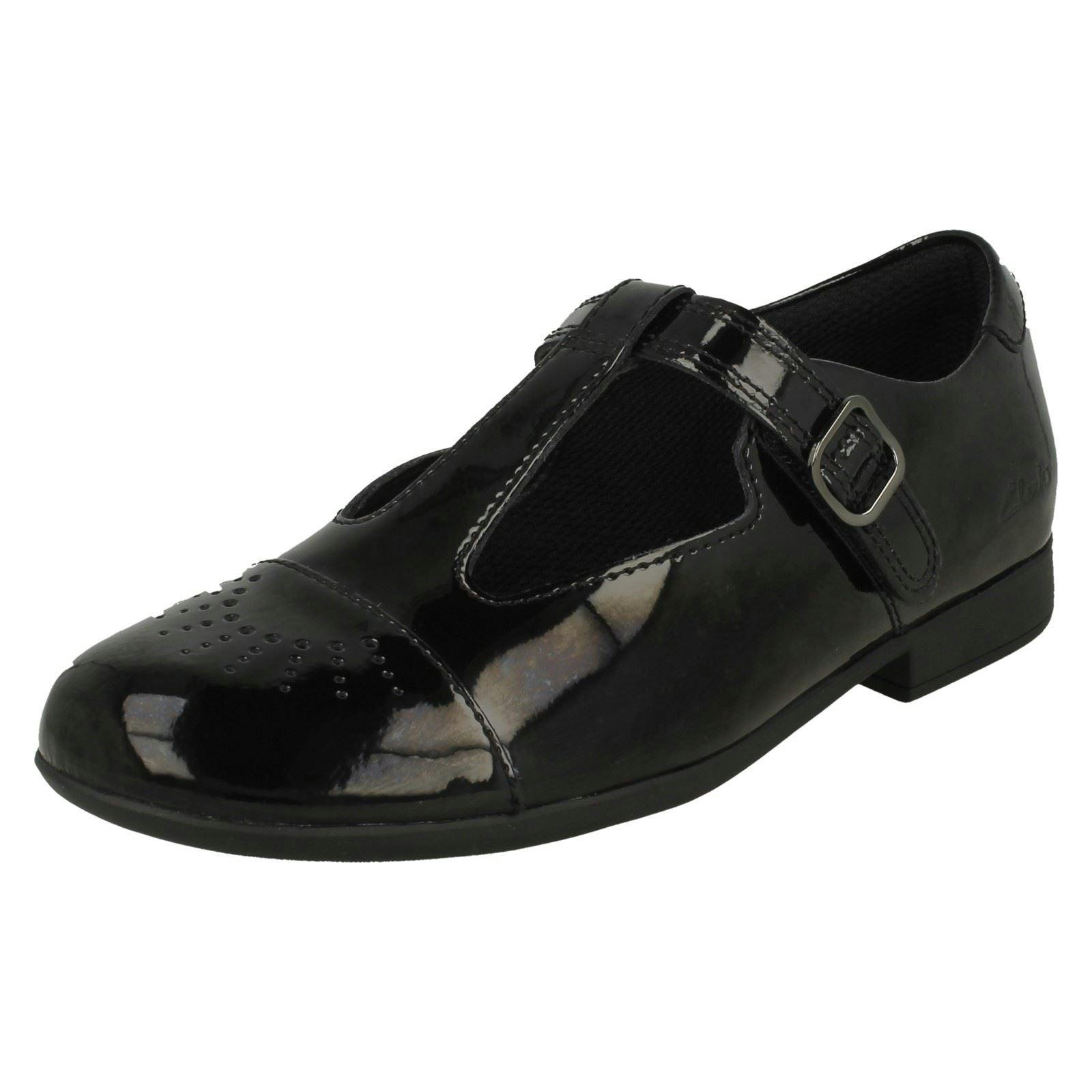 Clarks Girls Black Laser Detailed T-Bar Shoes Scala Spirit K - Patent - Uk 11.5 Child - G