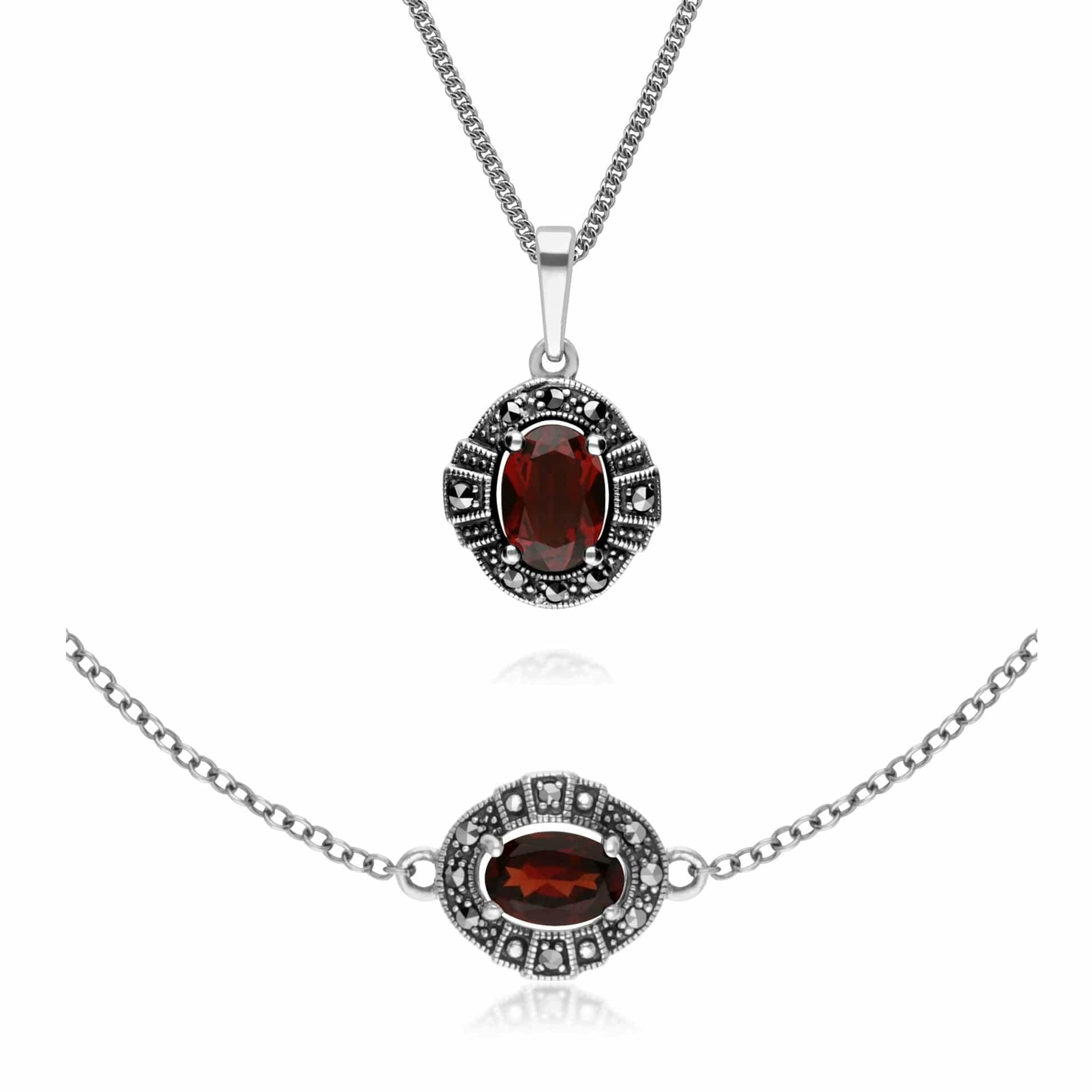 Gemondo Silver Art Deco Style Oval Garnet And Marcasite Cluster Bracelet & Pendant Set In 925 Sterling