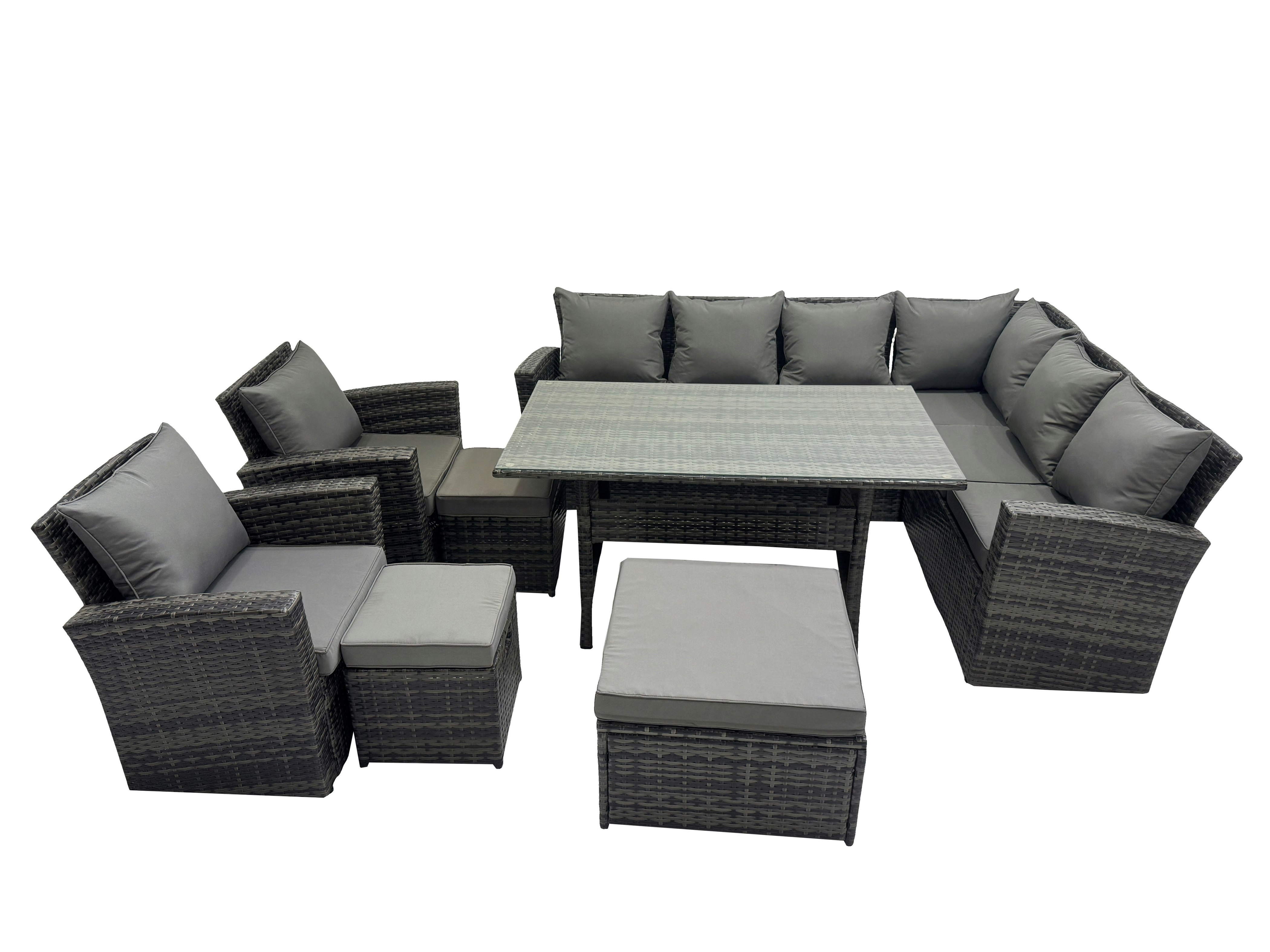 Rackhams Dark/Grey Rattan Garden Furniture Set Outdoor 11 Seater Patio Dining Corner Sofa Sets With Dining Table Chair Mixed