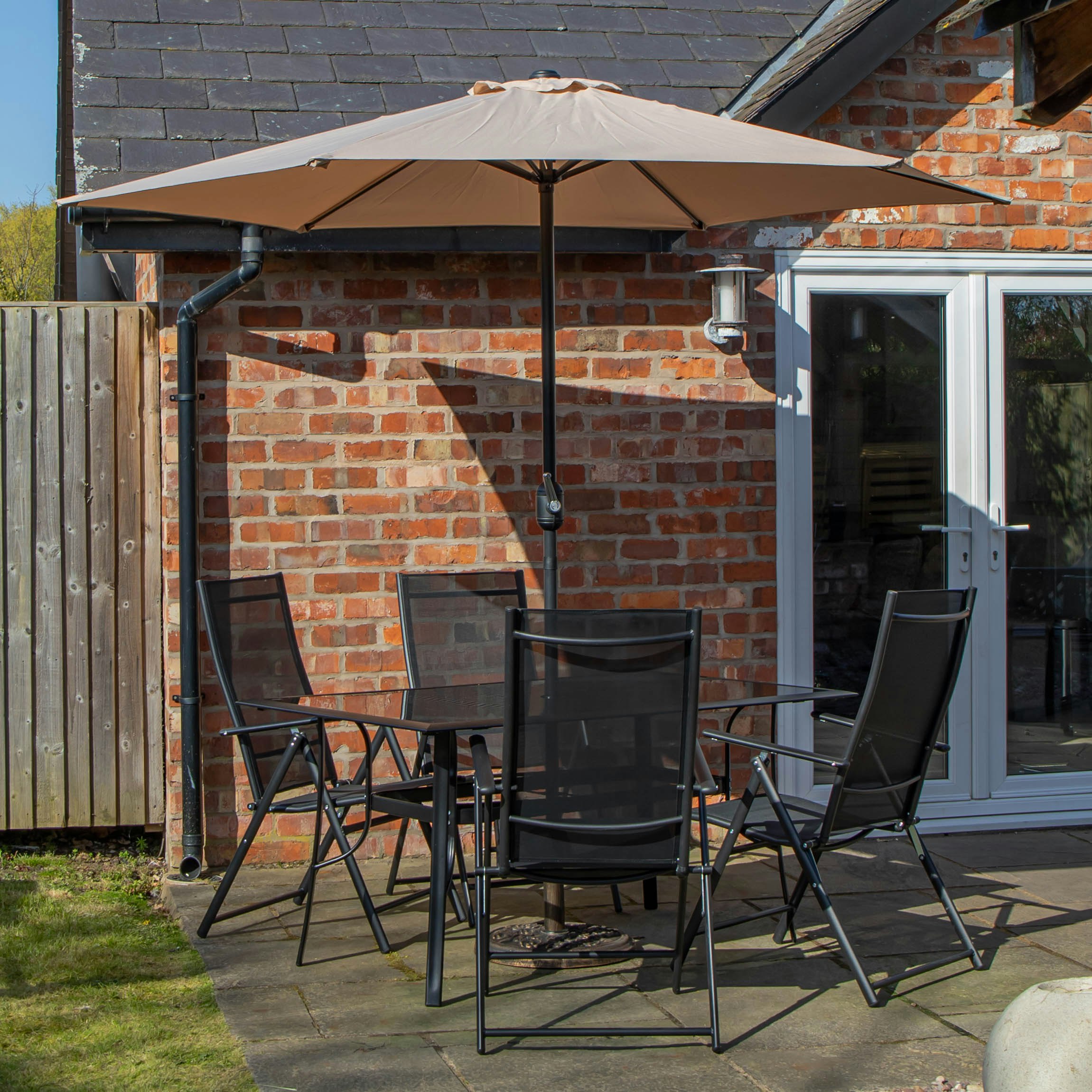 Samuel Alexander Cream Outdoor 4 Person Rectangular Glass Top Garden Patio Dining Table Chairs Parasol And Base Set - Outdoor Furniture Sets