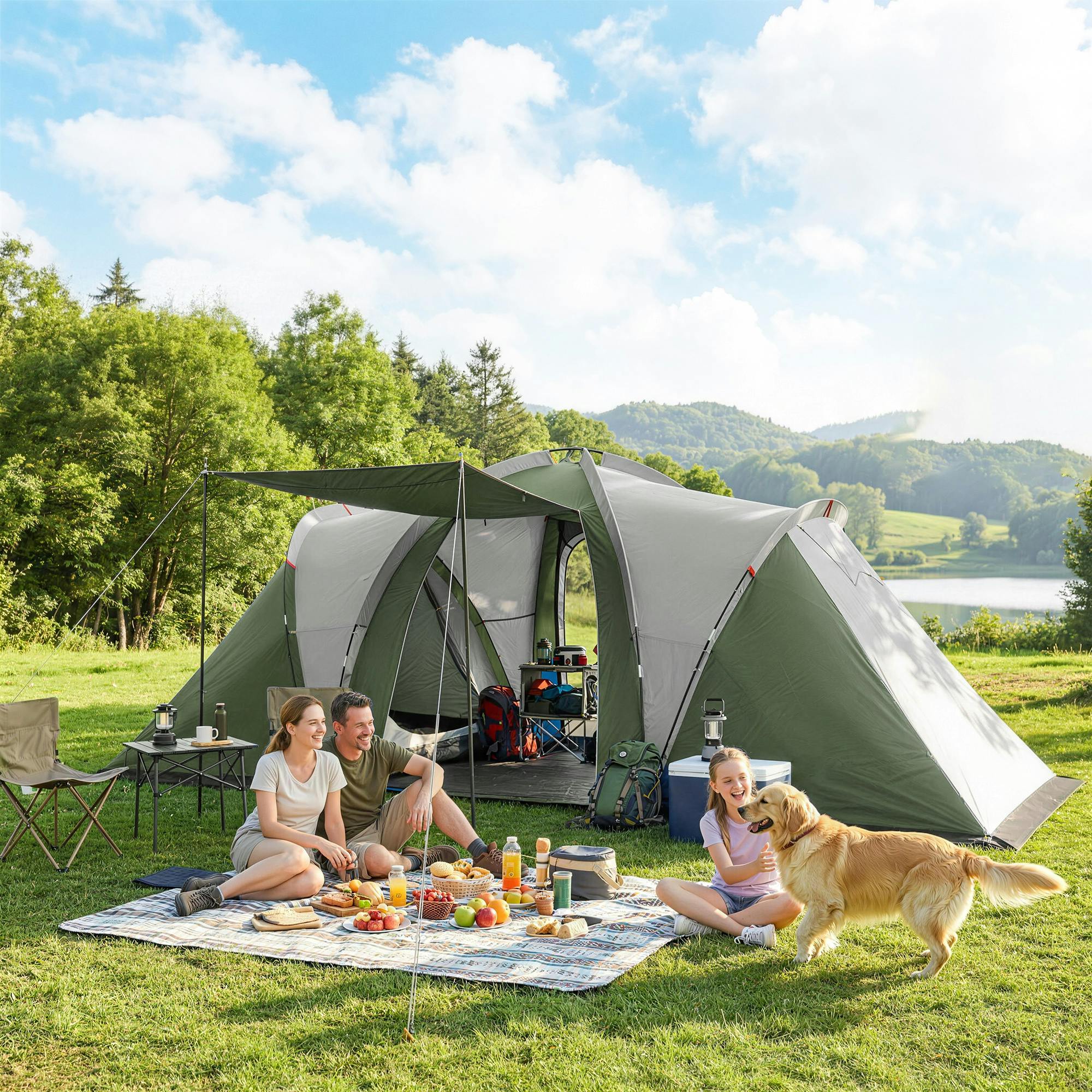 Outsunny Green Family Camping Tent 3000Mm Waterproof 8-12 Person