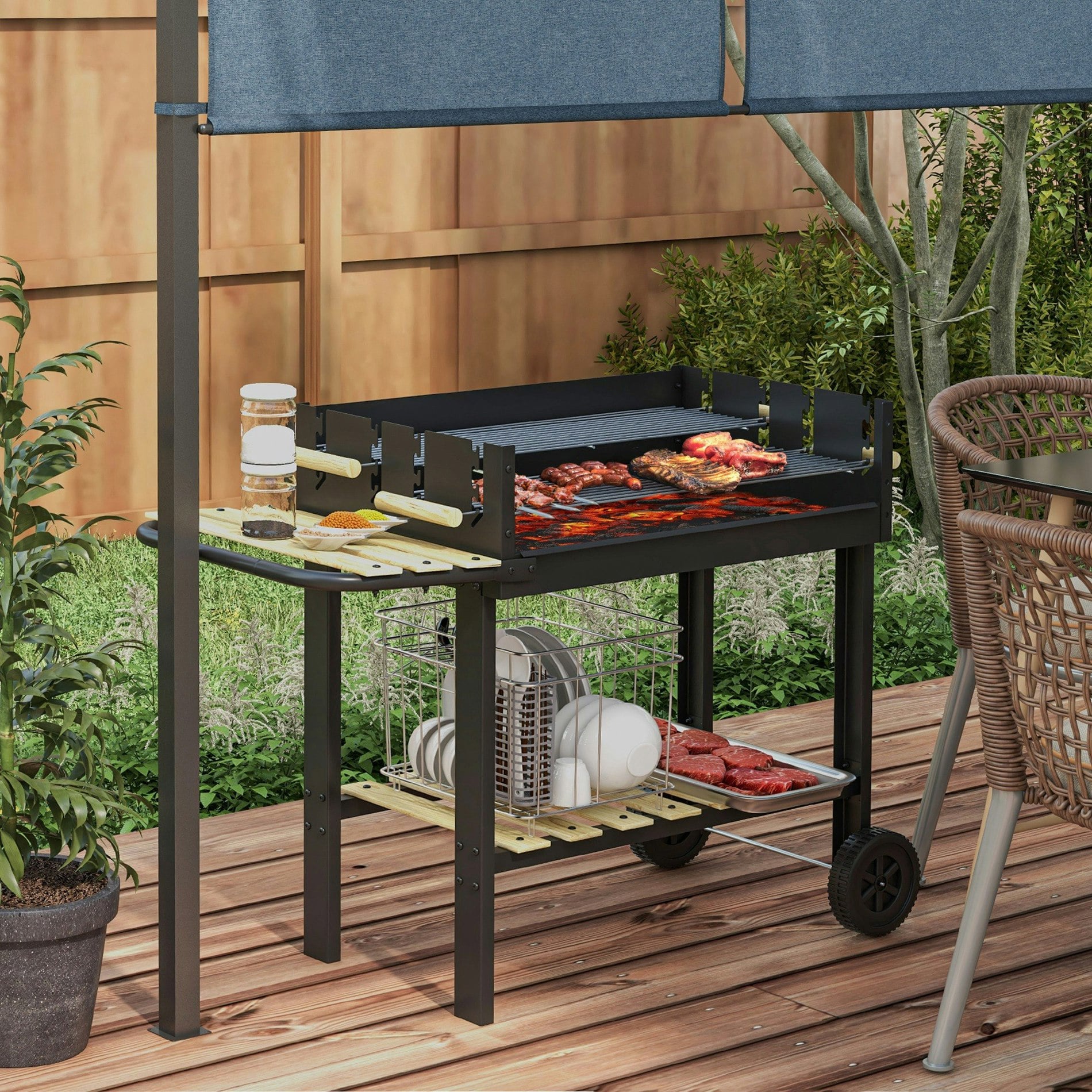 Bobobiy Black Charcoal Bbq Grill, Barbecue Trolley With Double Adjustable Grill, Side Table, Storage Shelf And Wheels, - Image 10