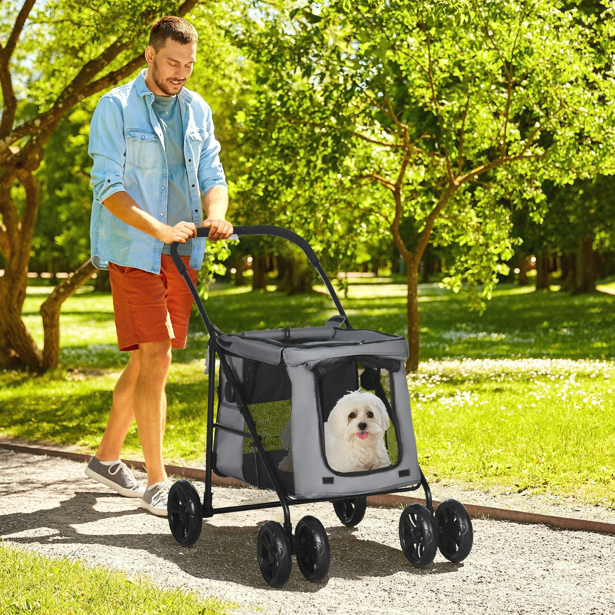 Pawhut Blue/Grey One-Click Foldable Pet Stroller W/ Mesh Windows, For Small Pets