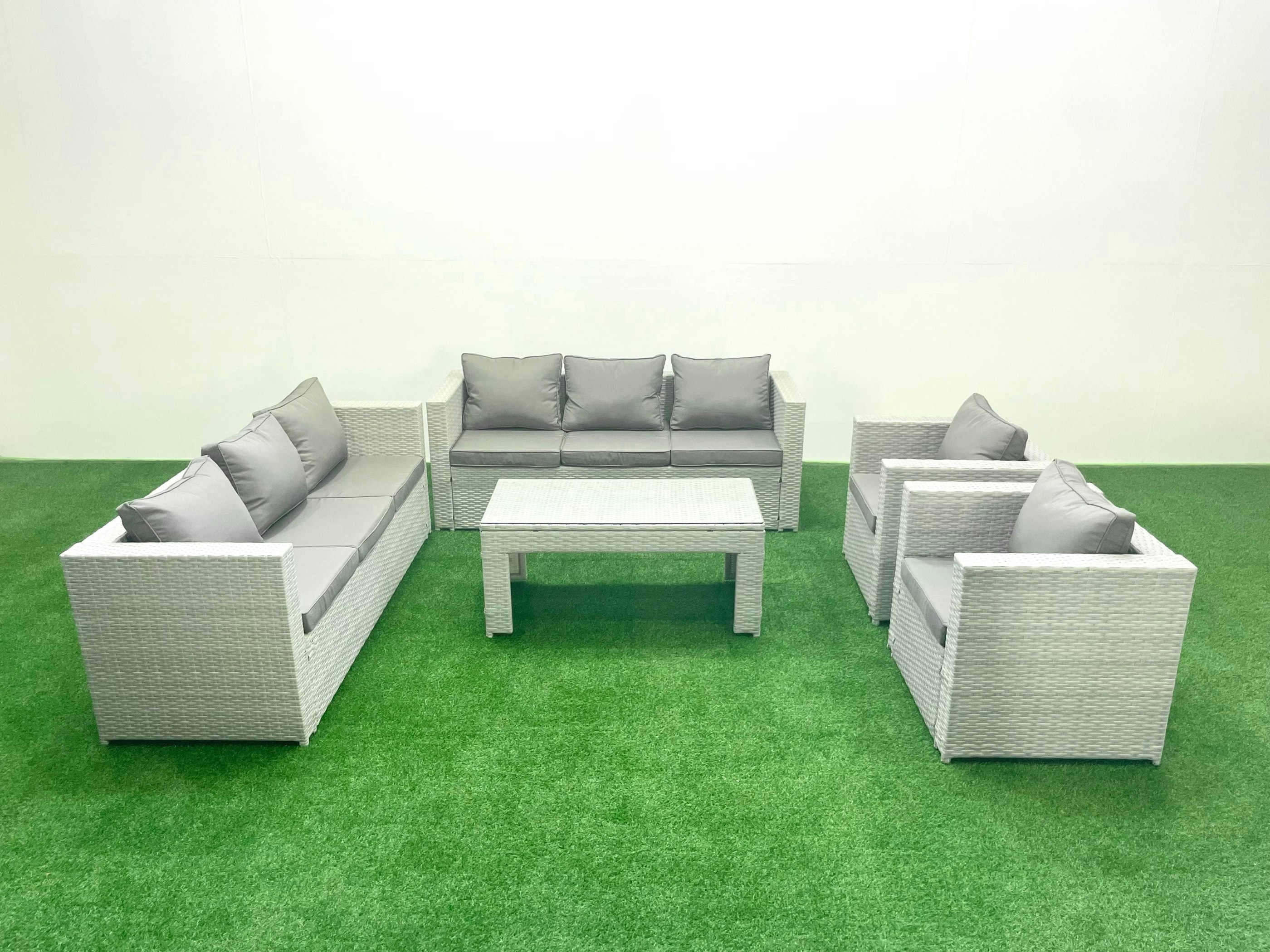 Fimous Light/Grey Outdoor Garden Furniture Rattan Sofa Set With 2 Armchairs Oblong Coffee Table Mixed