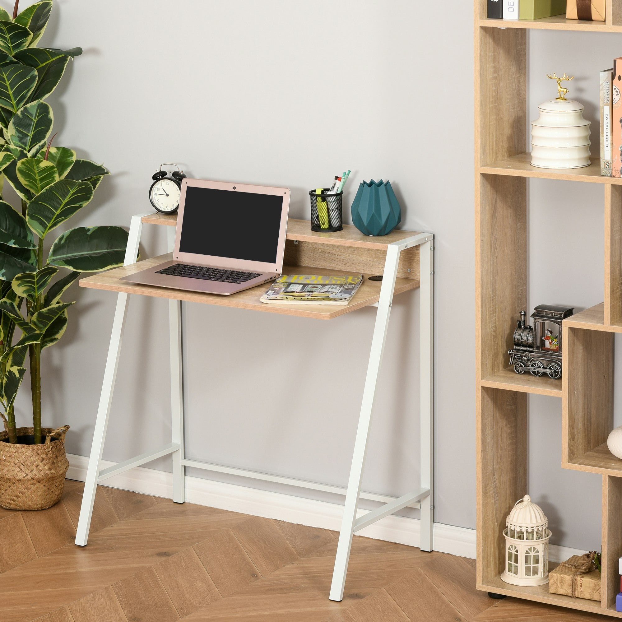 Rackhams Light 2-Tier Storage Computer Workstation With Shelf, Metal Frame - Oak
