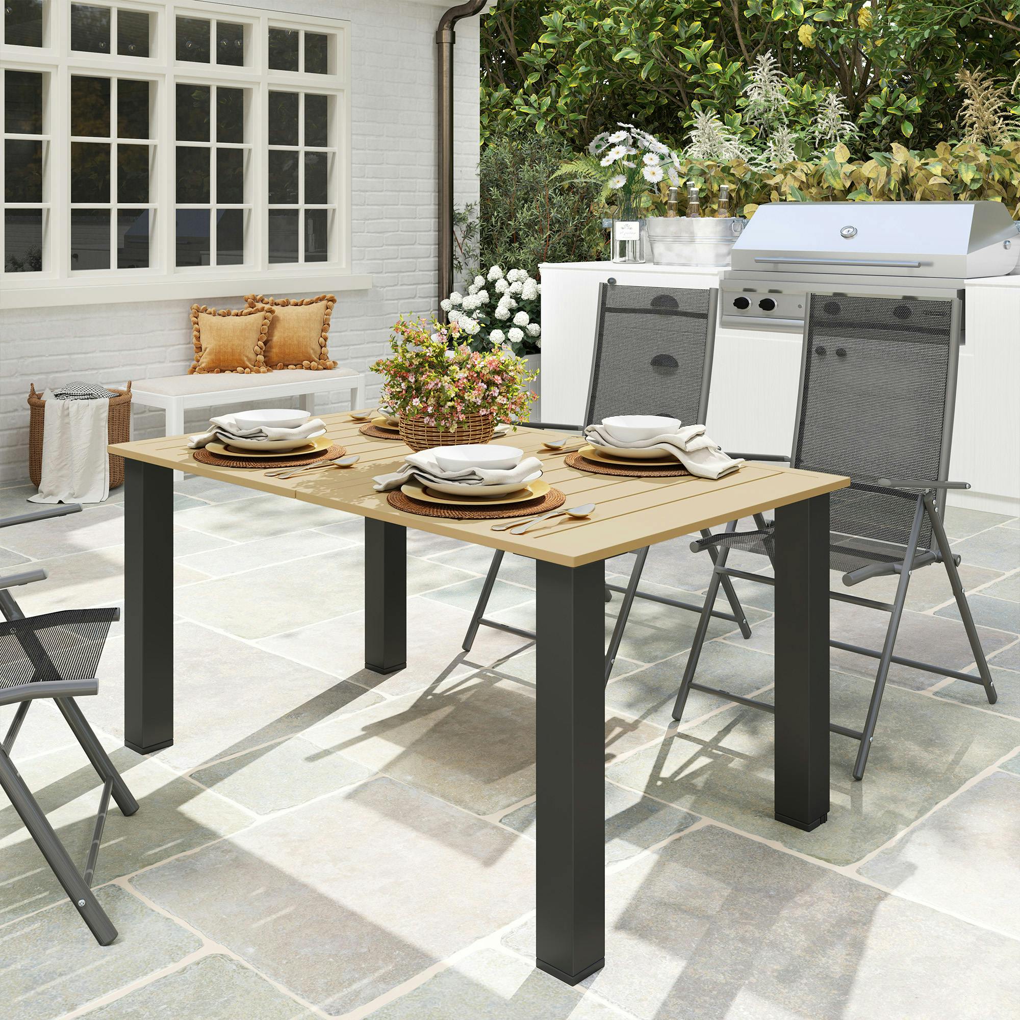Rackhams Brown Garden Table With Parasol Hole, Slatted Metal Tabletop, - 1 - 150L X 90W X 73H Cm - 90