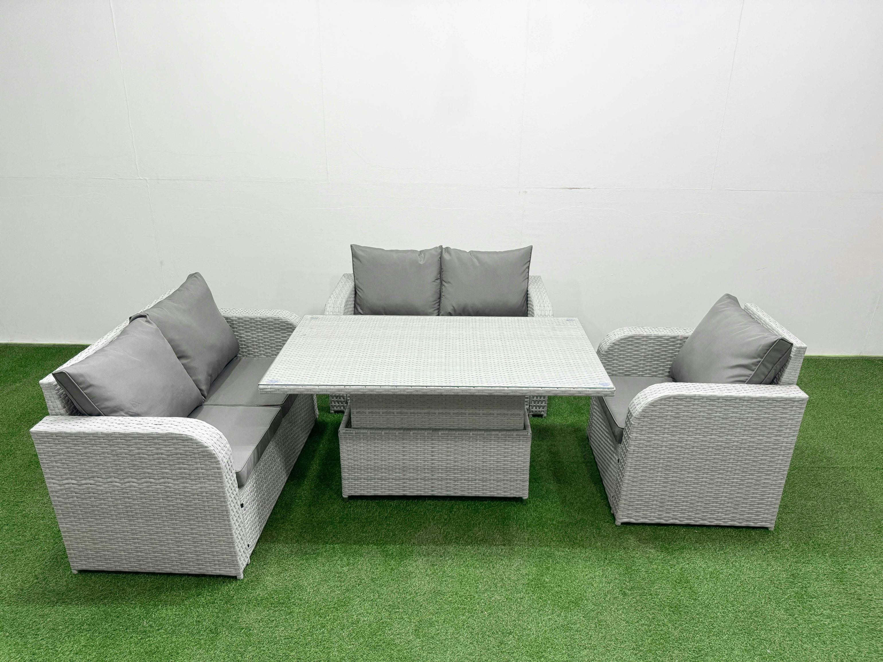 Rackhams Light/Grey High Back Poly Rattan Garden Furniture Set, Adj Height Table, Reclining Loveseat, Indoor Outdoor Patio,