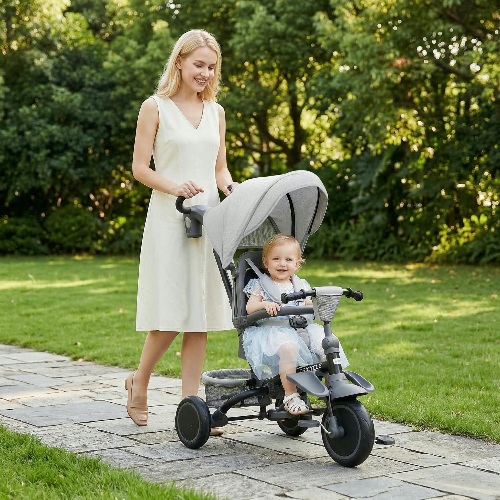 Aiyaplay Grey 6 In 1 Kids Trike, Toddler Tricycle With Parent Handle,
