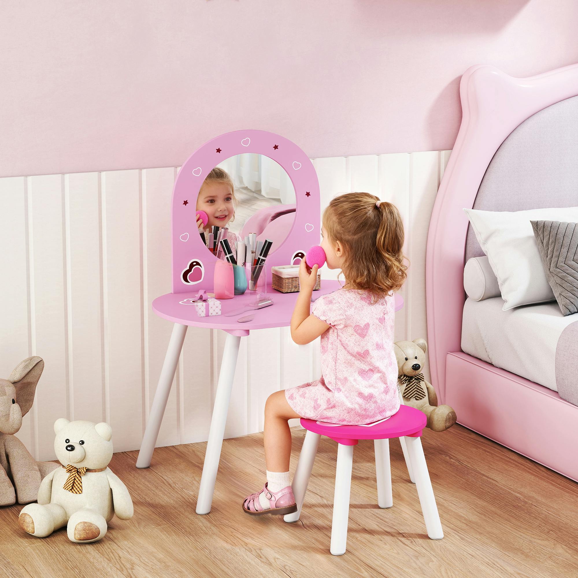 Rackhams Girls Pink Kids Dressing Table With Mirror And Stool, Vanity Set,