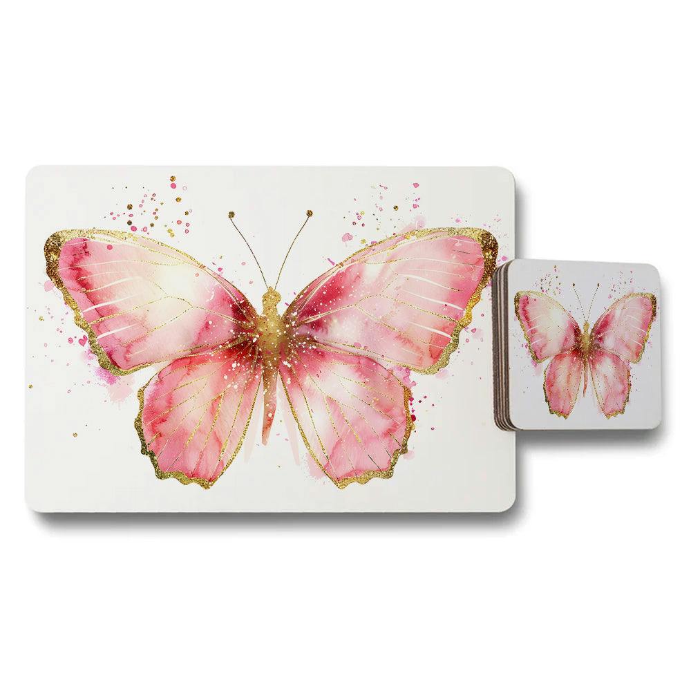 Rackhams Pink/Gold Butterfly Placemat And Coaster Set With Accents