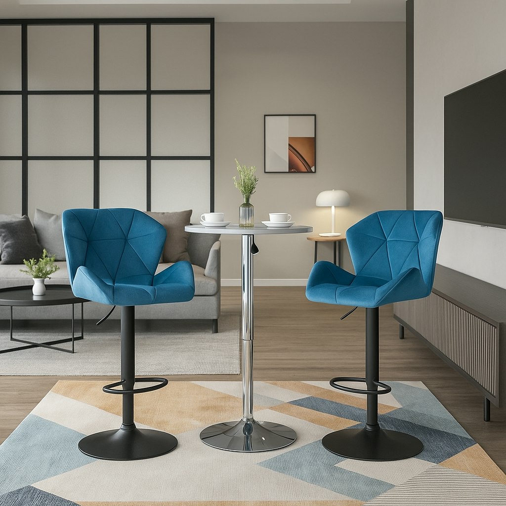 Rackhams Blue Set Of 2 Velvet Bar Stools Adjustable Swivel Breakfast Chairs With Footrest & Metal Base