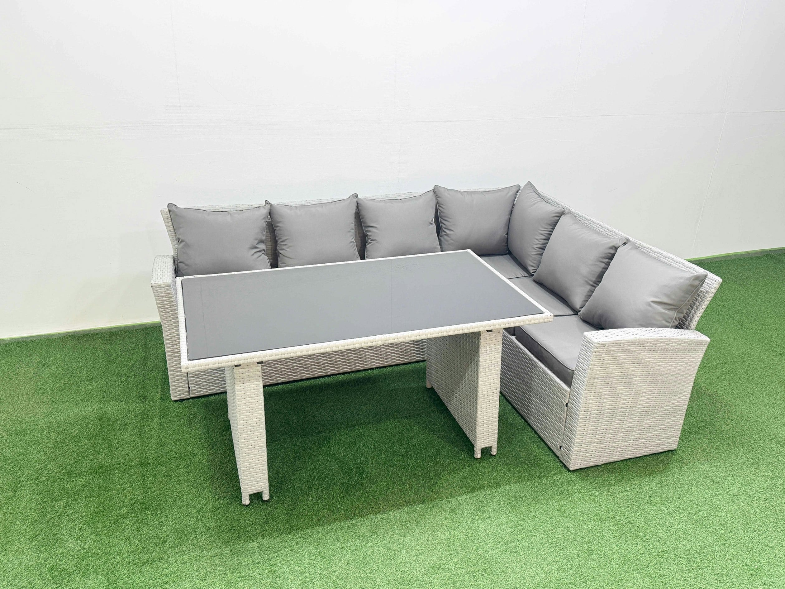 Rackhams Light/Grey Outdoor Garden Furniture Sets 6 Seater Wicker Rattan Corner Sofa Sets With Rectangular Dining Table Lounge Sofa