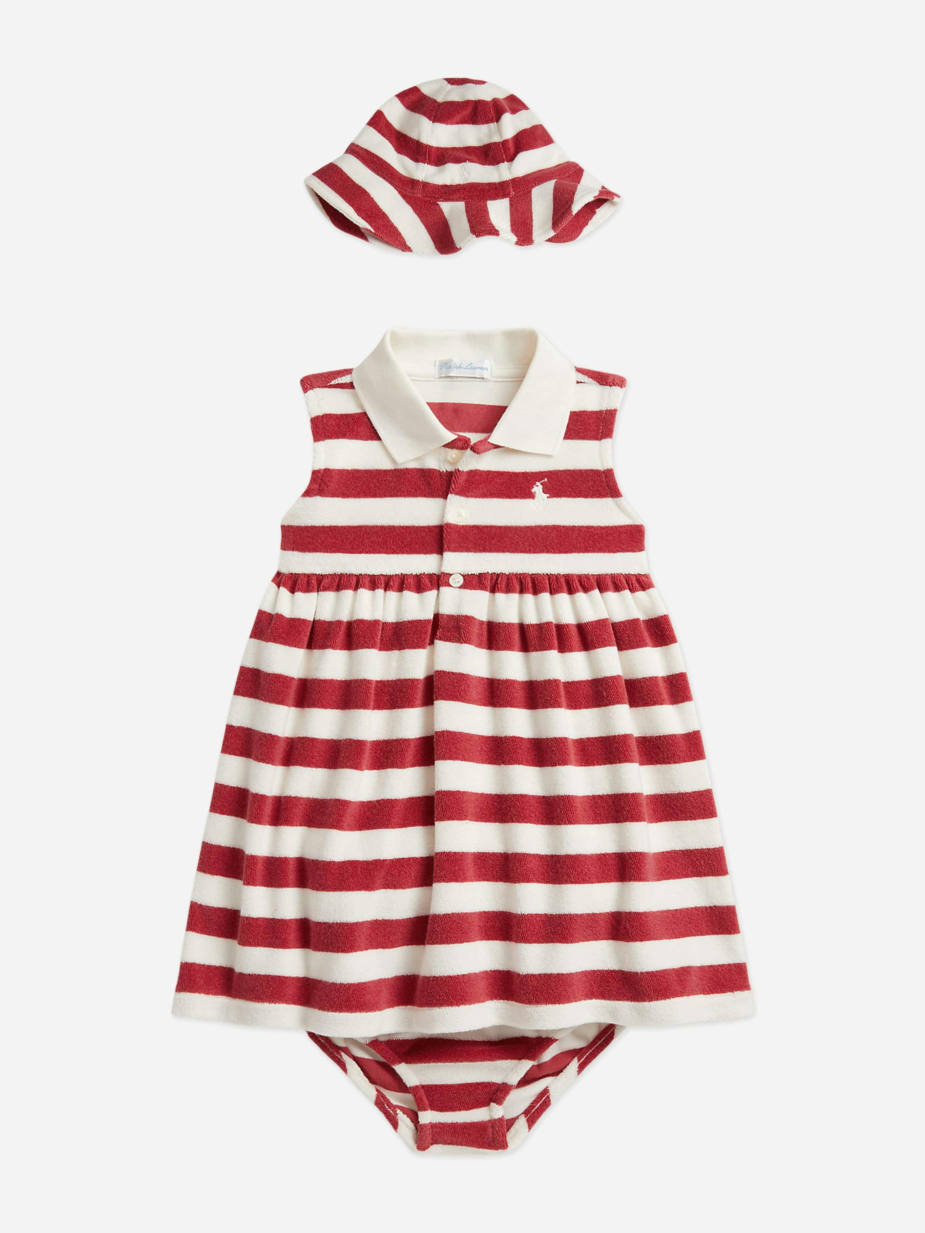 Ralph Lauren Kids Girls Red Ralph Lauren Baby Striped Dress And Hat Set In - 12 Months