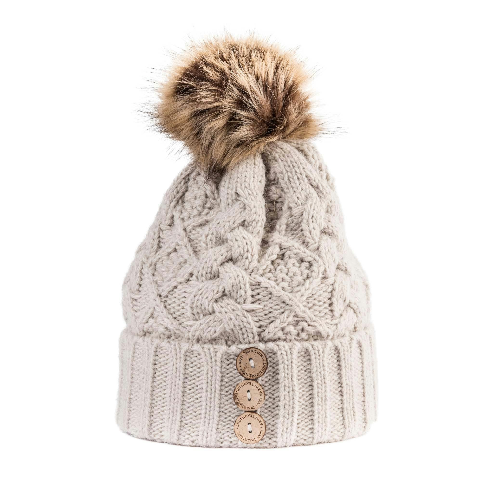 Aran Traditions Aran Diamond Cable Button Hat - Pebble