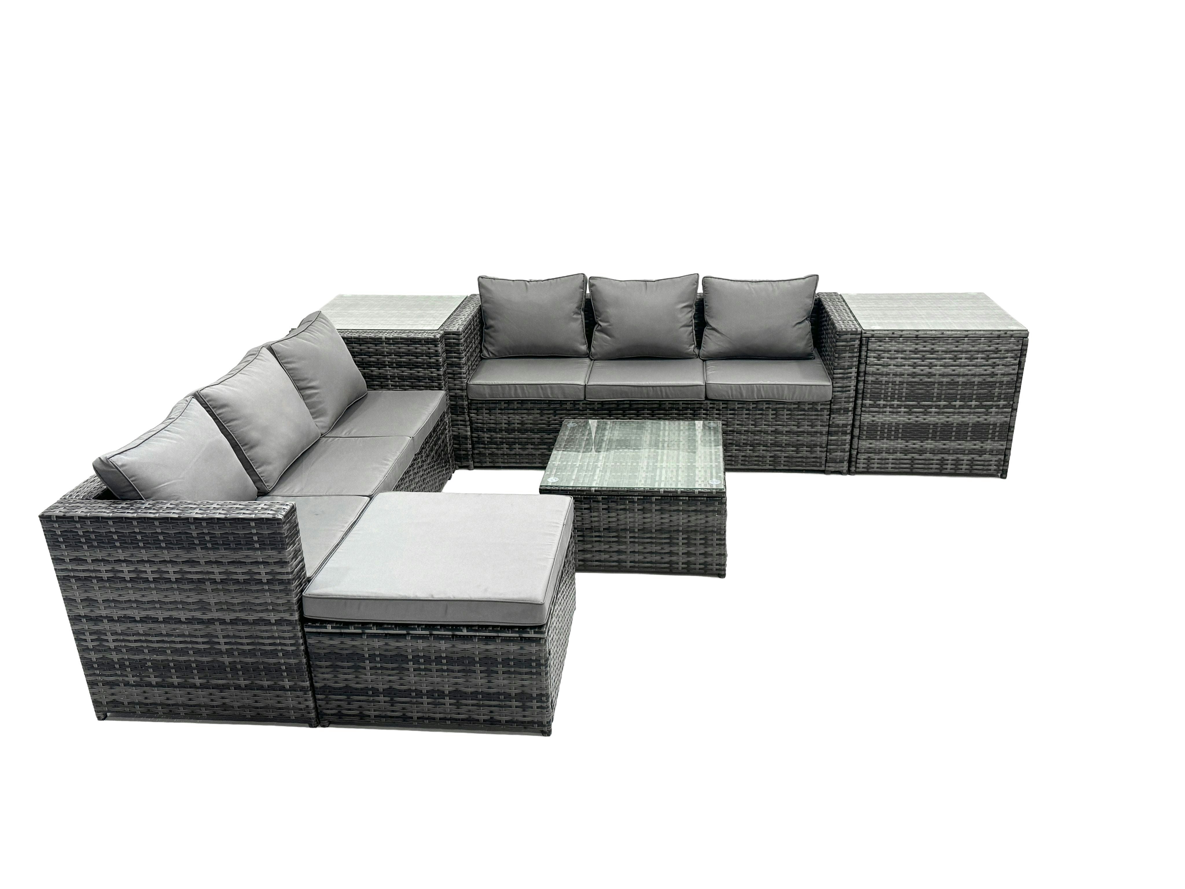 Rackhams Dark/Grey Outdoor Rattan Garden Furniture Set 7 Seater Patio Lounge Sofa Set With Square Coffee Table 2 Side Table Big Footstool Mixed