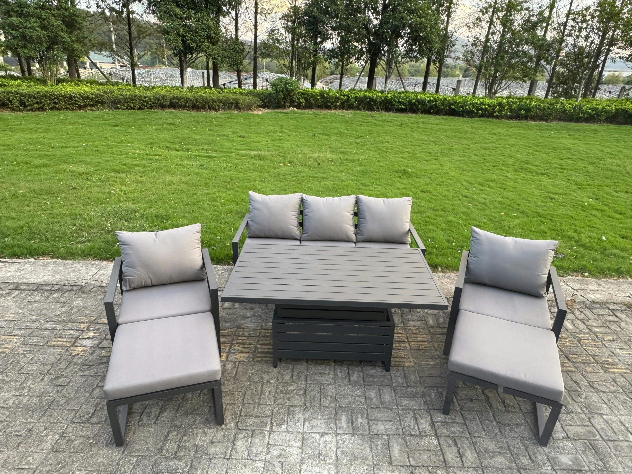 Fimous Dark/Grey 7 Seater Aluminium Garden Furniture Set With Adjustable Rising Dining Table, Sofa, 2 Chairs, 2 Footstools
