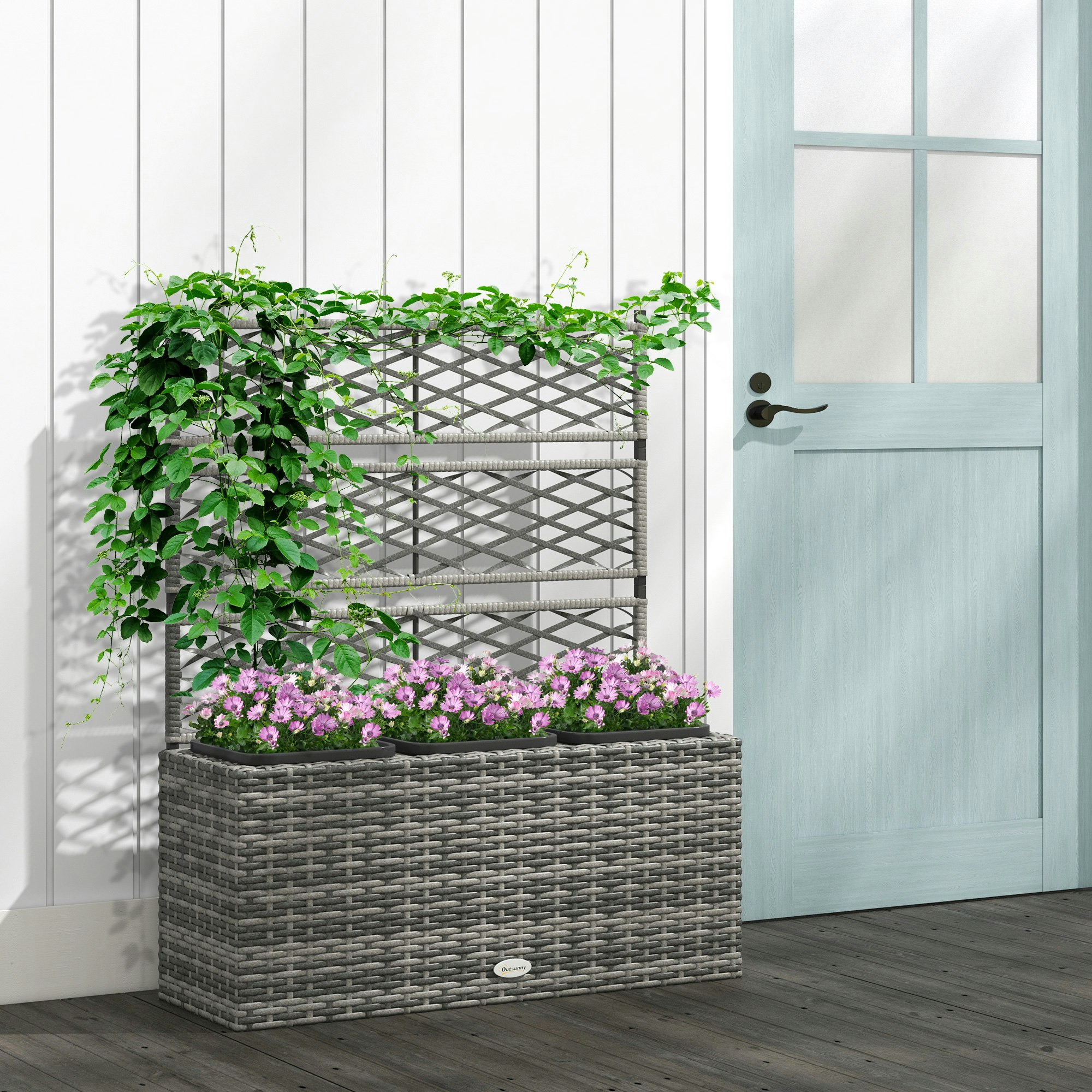 Rackhams Light/Grey Garden Pe Rattan Planter Box W/ Trellis Flower Raised Bed, 84X30x107cm - Galvanised Steel, Pe Rattan, Pp - 84Cm X 30Cm X 107Cm
