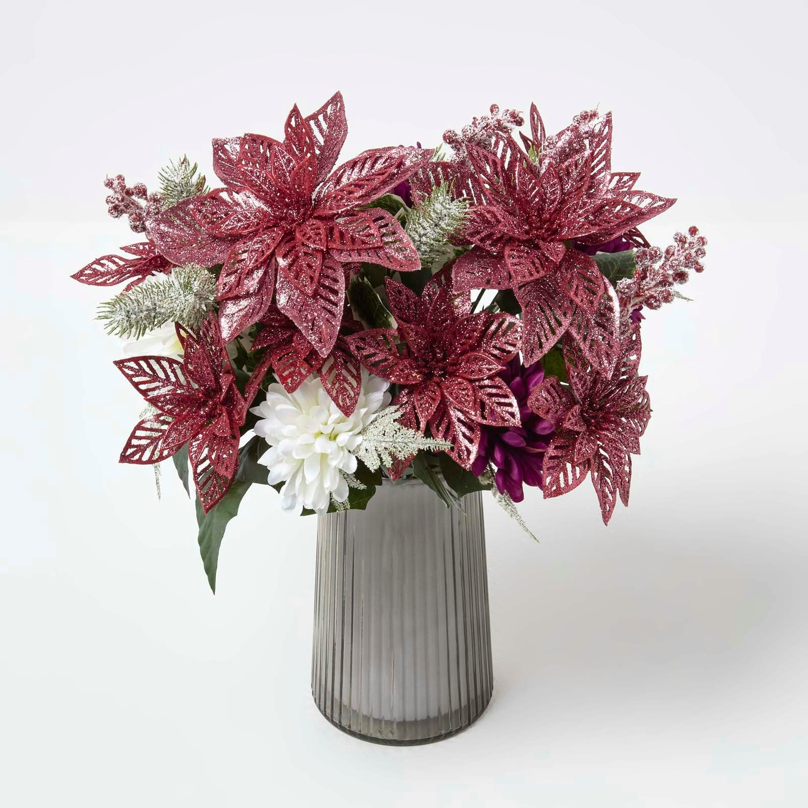 Homescapes Red/White Set Of 2 Artificial & Glitter Poinsettia Bouquets