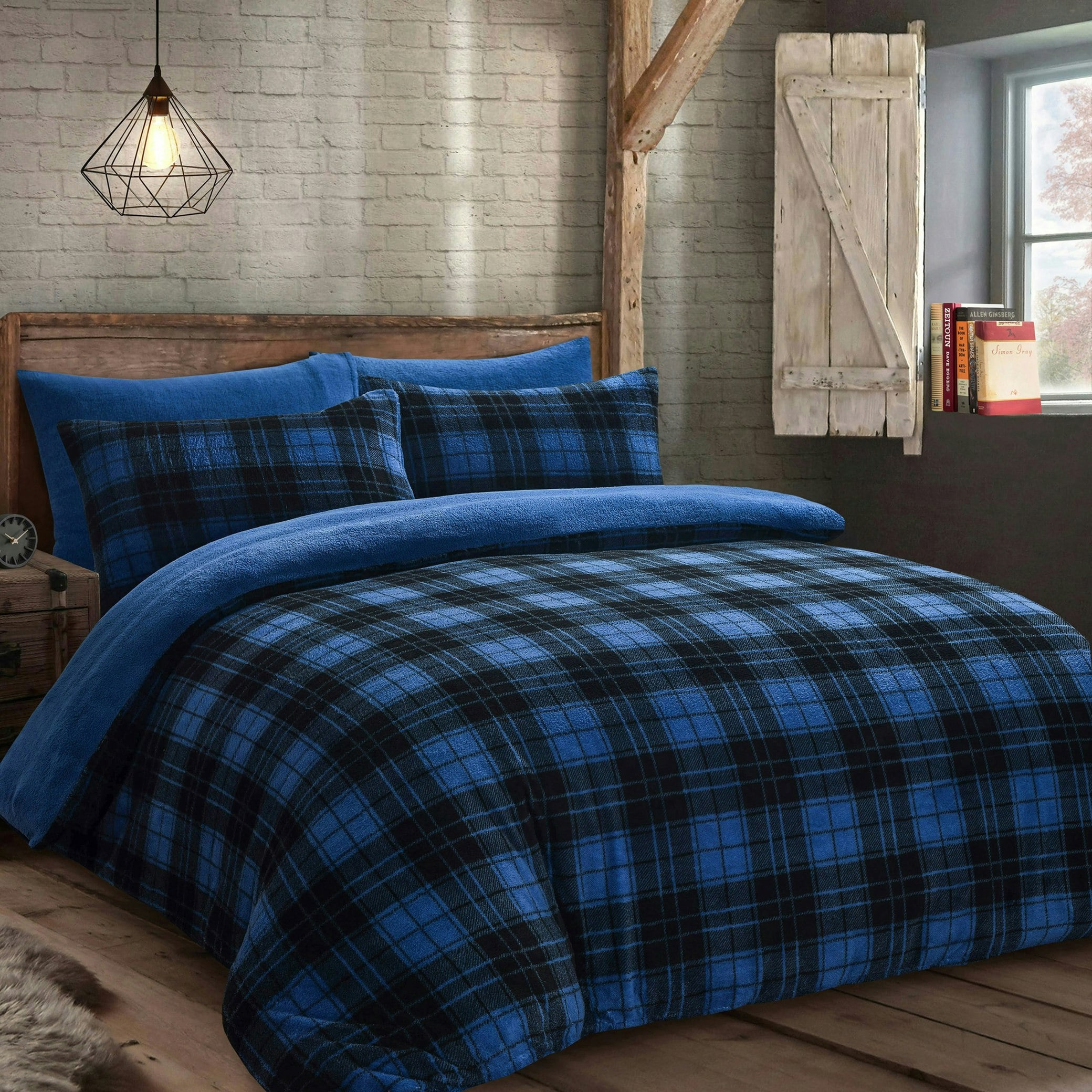 Velosso Blue Check Teddy Fluffy And Warm Fleece Duvet Cover Set - Single