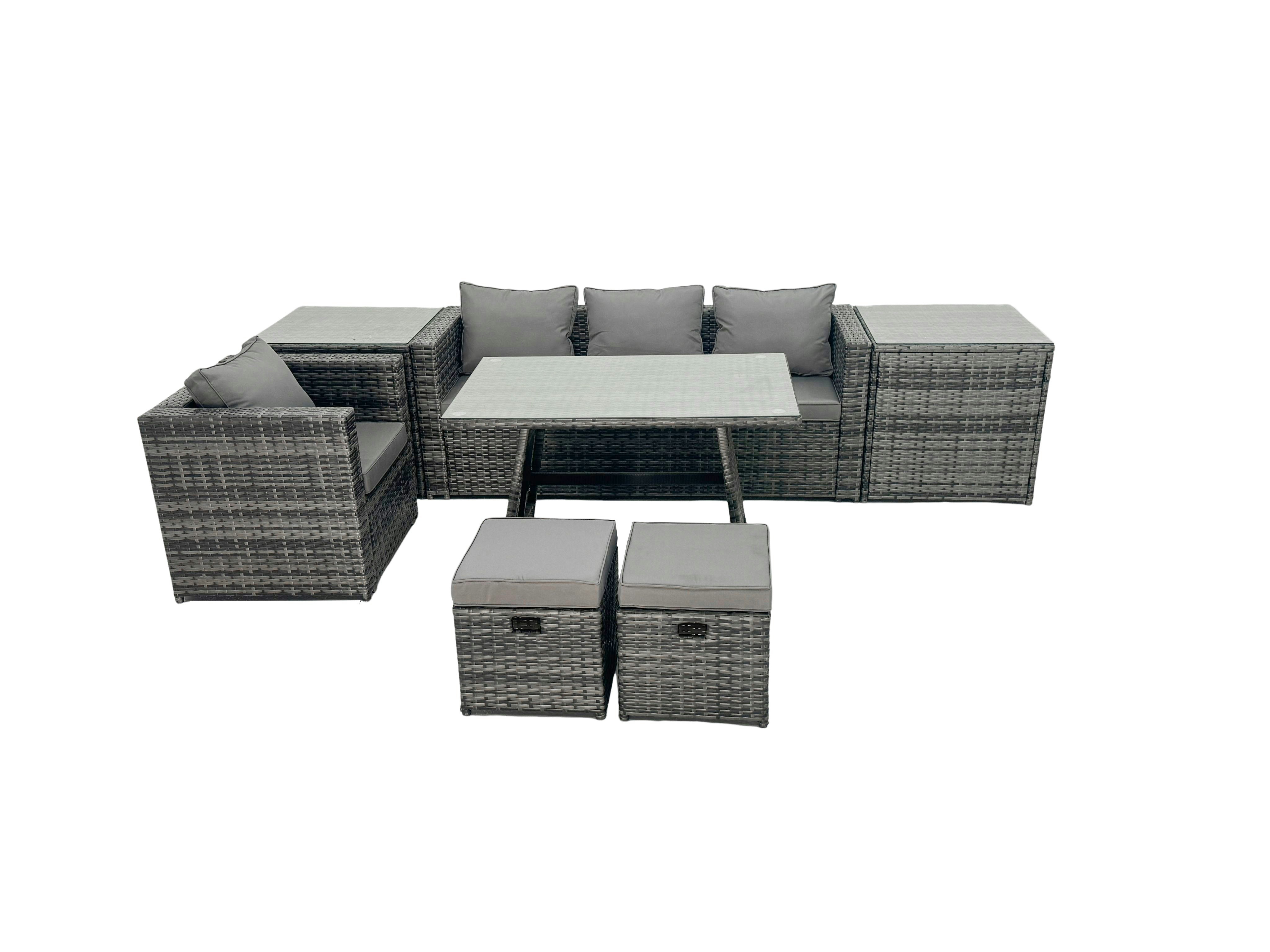 Rackhams Dark/Grey Rattan Dining Table Sofa Armchair Set With 2 Side Tables 2 Small Footstools Outdoor Garden Furniture Set Mixed