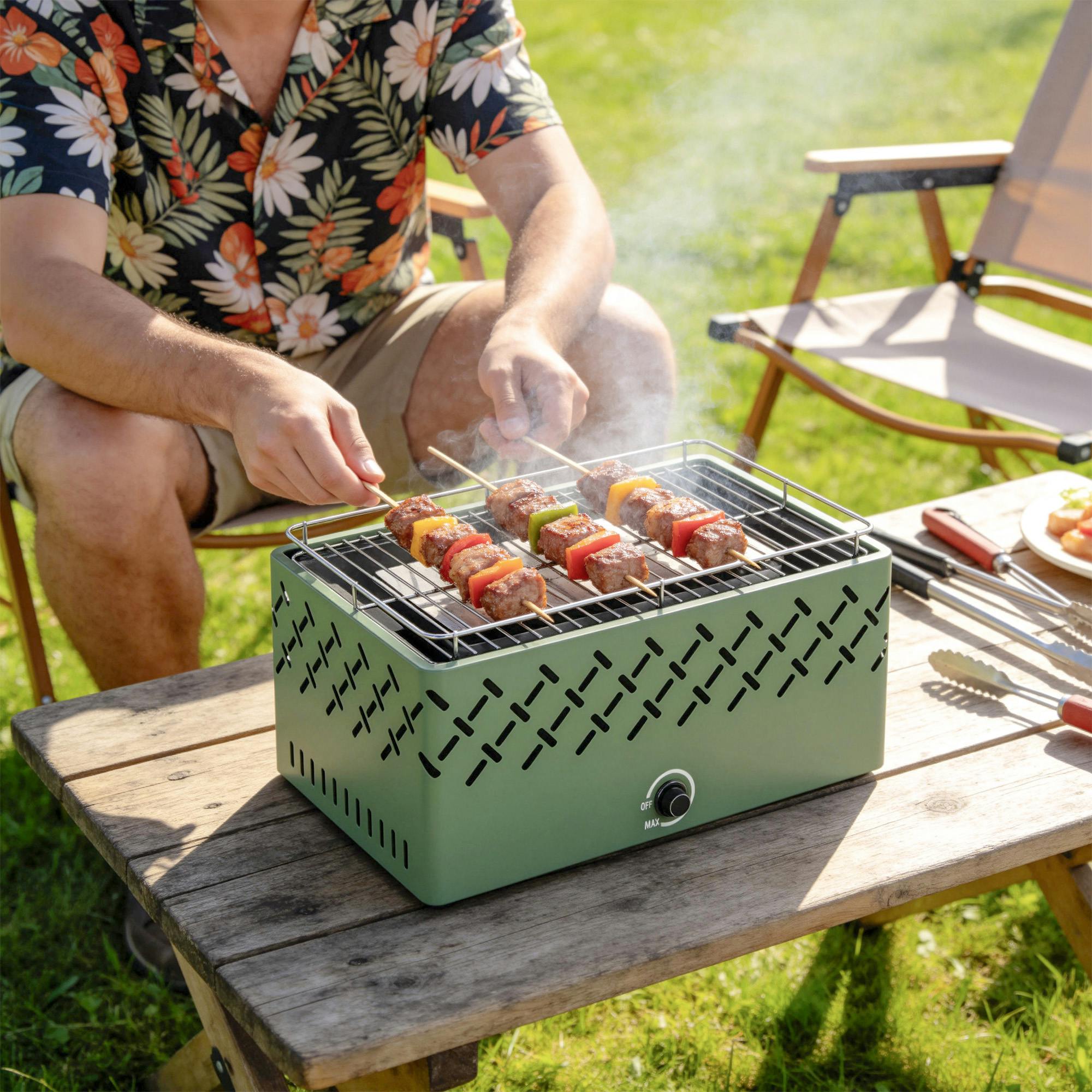 Rackhams Light/Green Portable Charcoal Bbq Grill With Built-In Fan, - Charcoal Grill - 1 - Metal