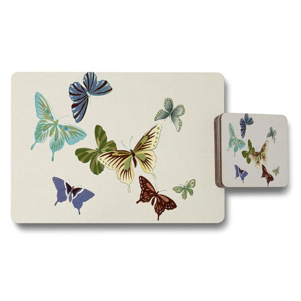 Rackhams Cream Butterfly Themed Placemats And Coaster Set With Colorful Butterflies