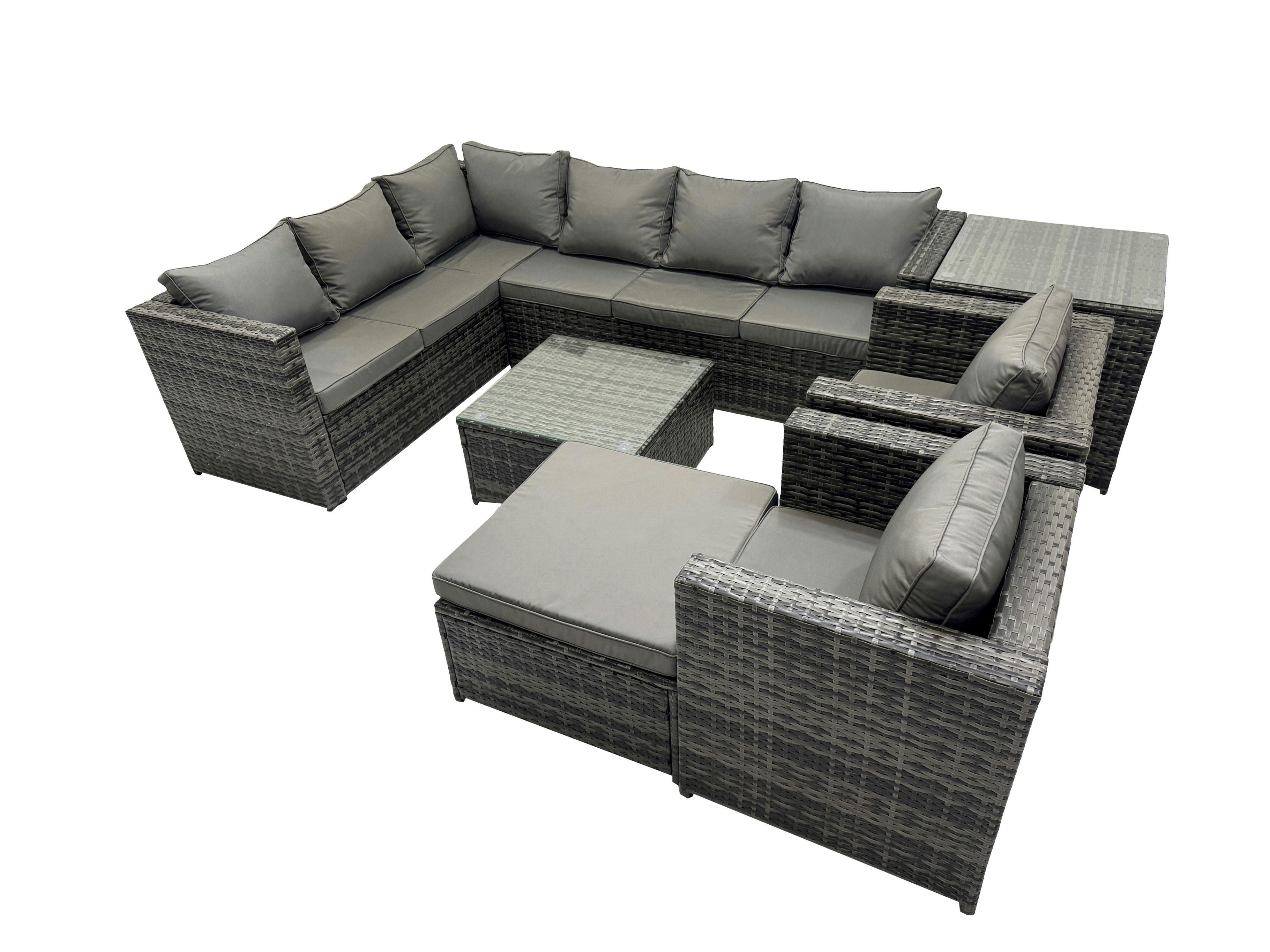 Rackhams Dark/Grey Rattan Garden Furniture Patio Furniture Sets With Corner Sofa Square Coffee Table Big Stool Side Table Mixed