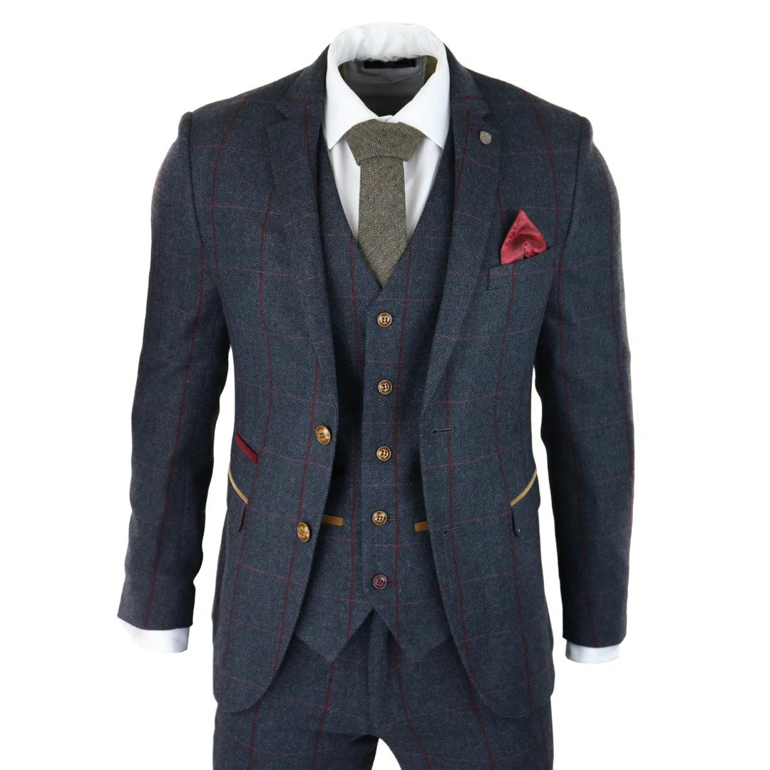 Paul Andrew Men's Red Madrid - Herringbone Tweed 3 Piece Navy Check Suit 1920S - 34" Jacket 28" Trousers
