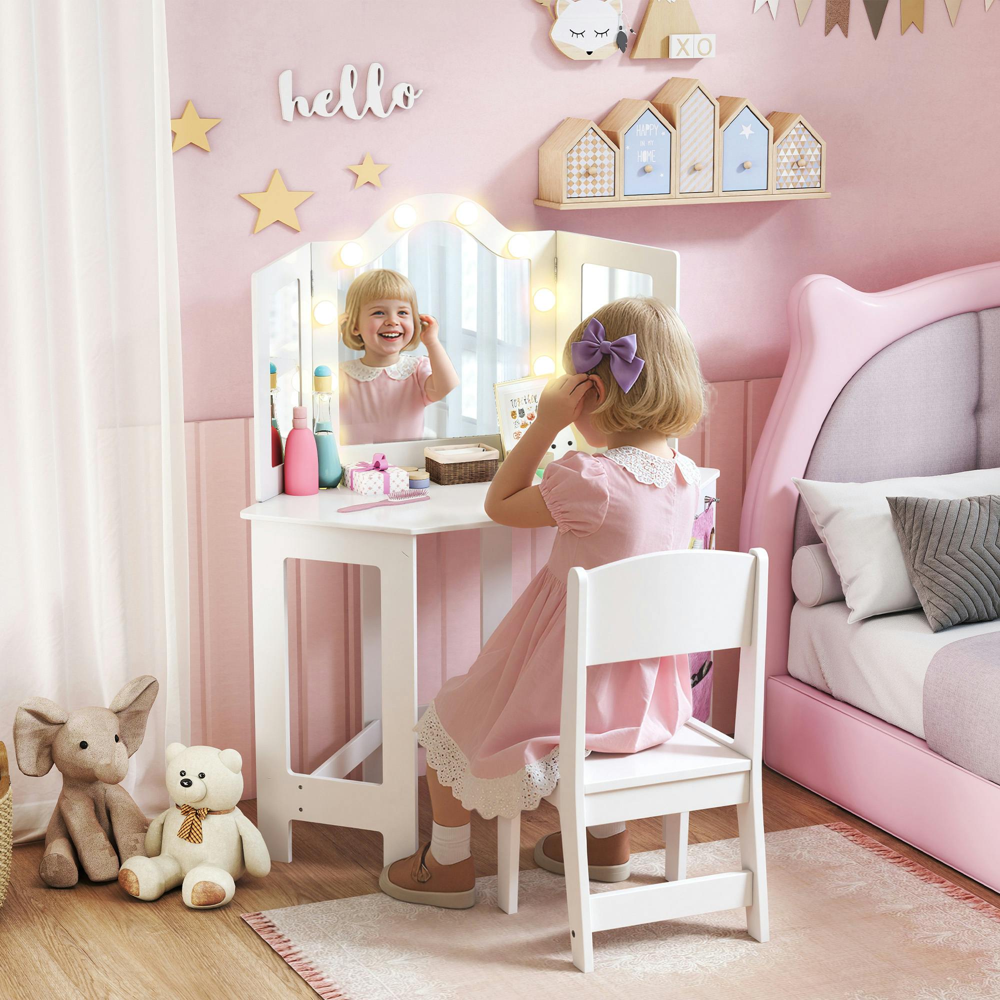 Rackhams White Kids Vanity Table And Stool With Lights, Tri-Folding Mirror,
