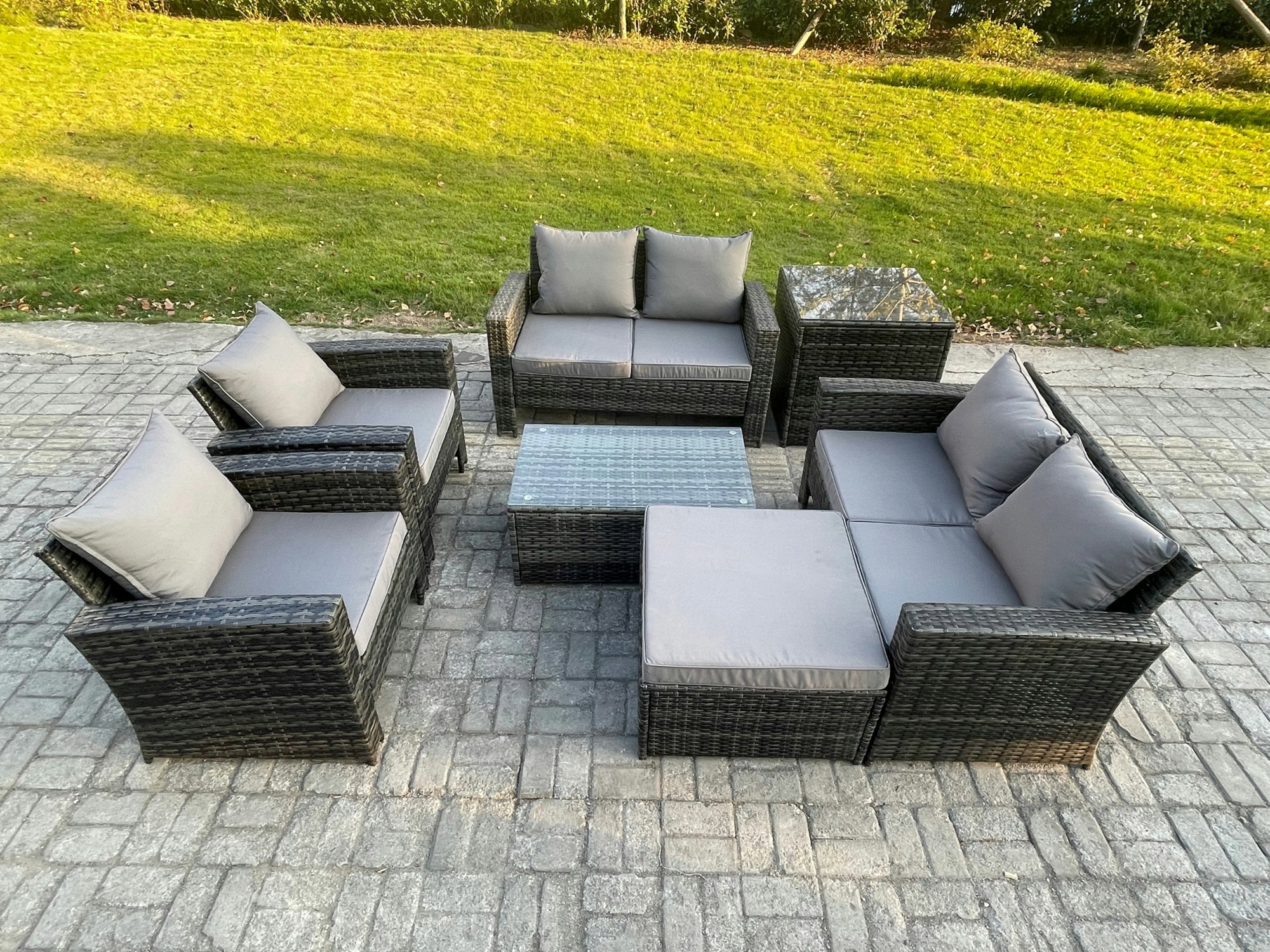 Fimous Dark/Grey 7-Piece Rattan Garden Furniture Set - Mixed Outdoor Patio Sofa Chair Set With Coffee Table & Big Footstool