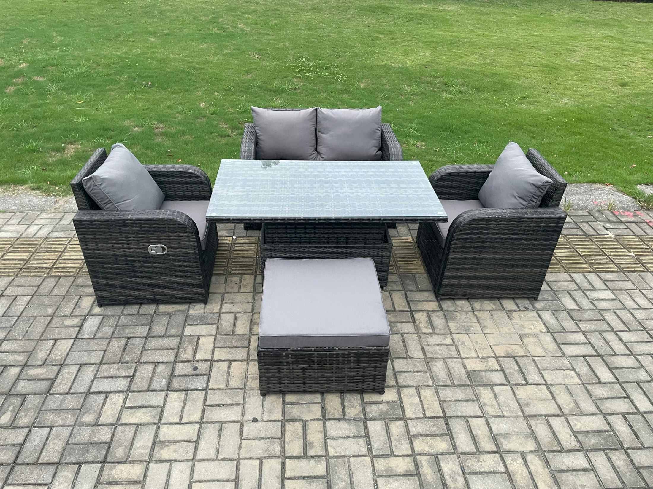 Rackhams Dark/Grey Pe Rattan Outdoor Garden Furniture Set Height Adjustable Rising Lifting Dining Table With Love Sofa Chair Big Footstool