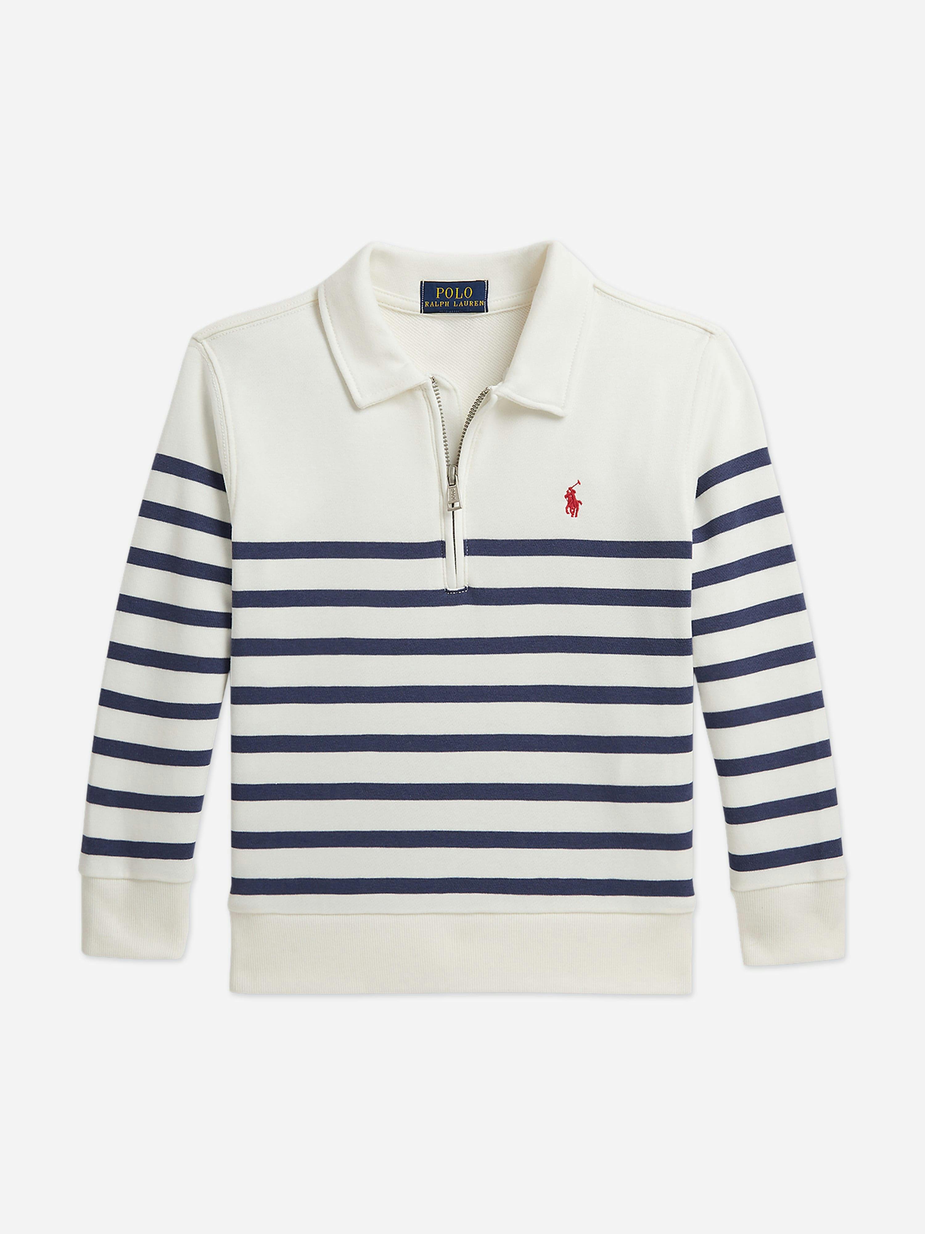 Ralph Lauren Kids Boys White Ralph Lauren Striped Half Zip Sweatshirt In - 8 Yrs