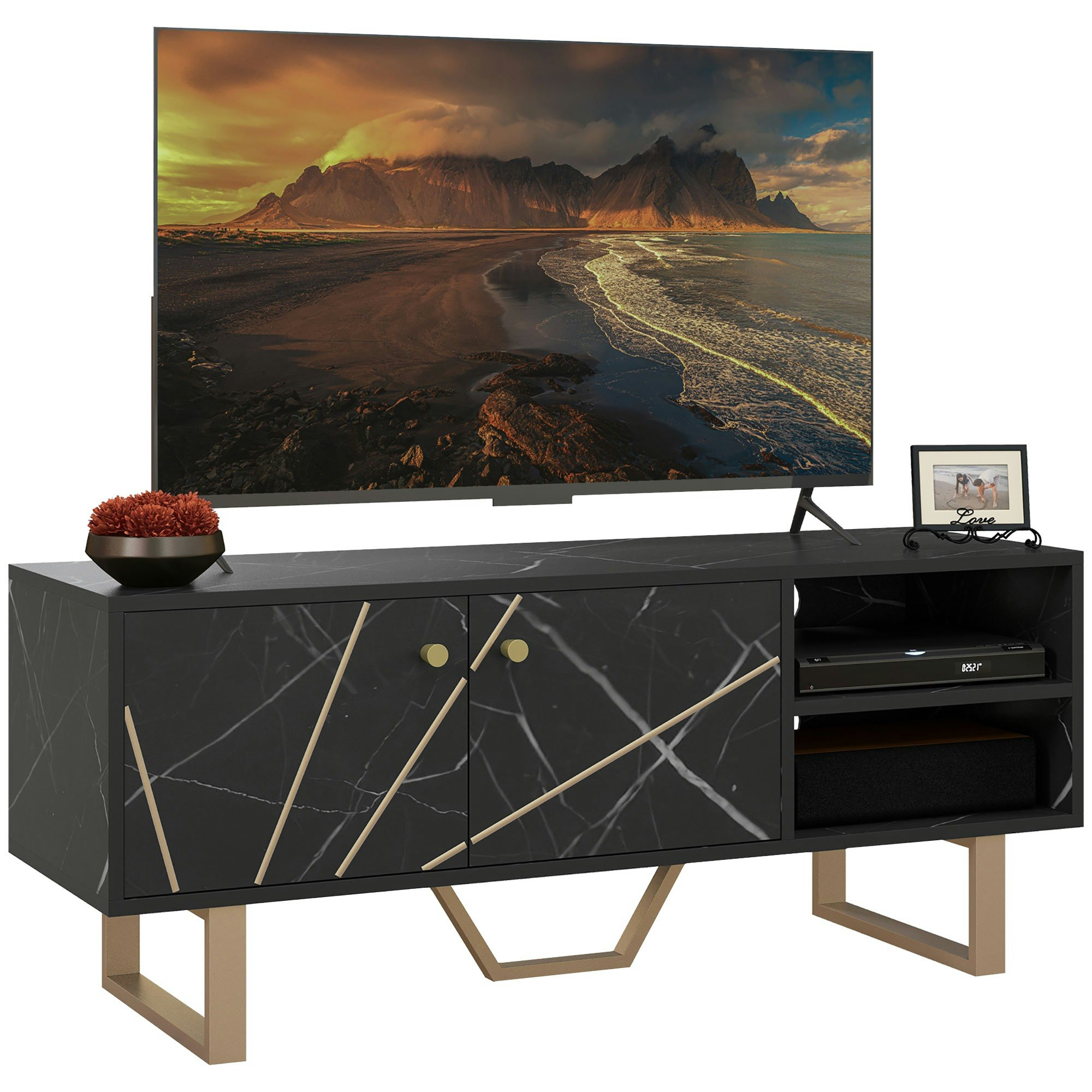 Homcom Black Tv Unit For Living Room, Tv Stand, Marble