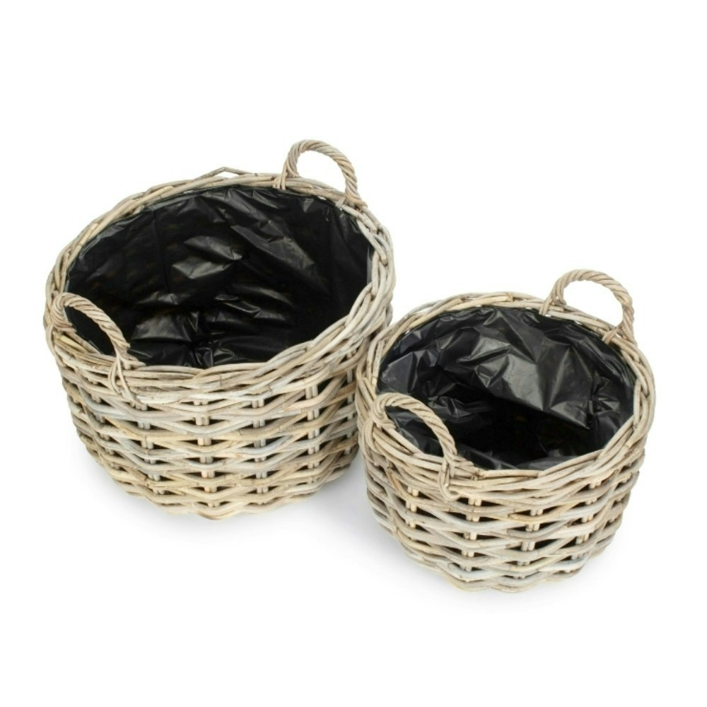 Rackhams Grey Curved Base Rattan Planter With Plastic Lining - Rattan - Set Of 2
