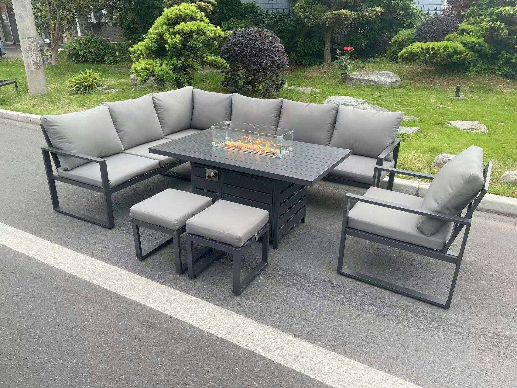Rackhams Dark/Grey Aluminium Outdoor Garden Furniture Set Corner Sofa Chair Gas Fire Pit Dining Table Set 2 Pc Stools Gas Heater Burner 9 Seater